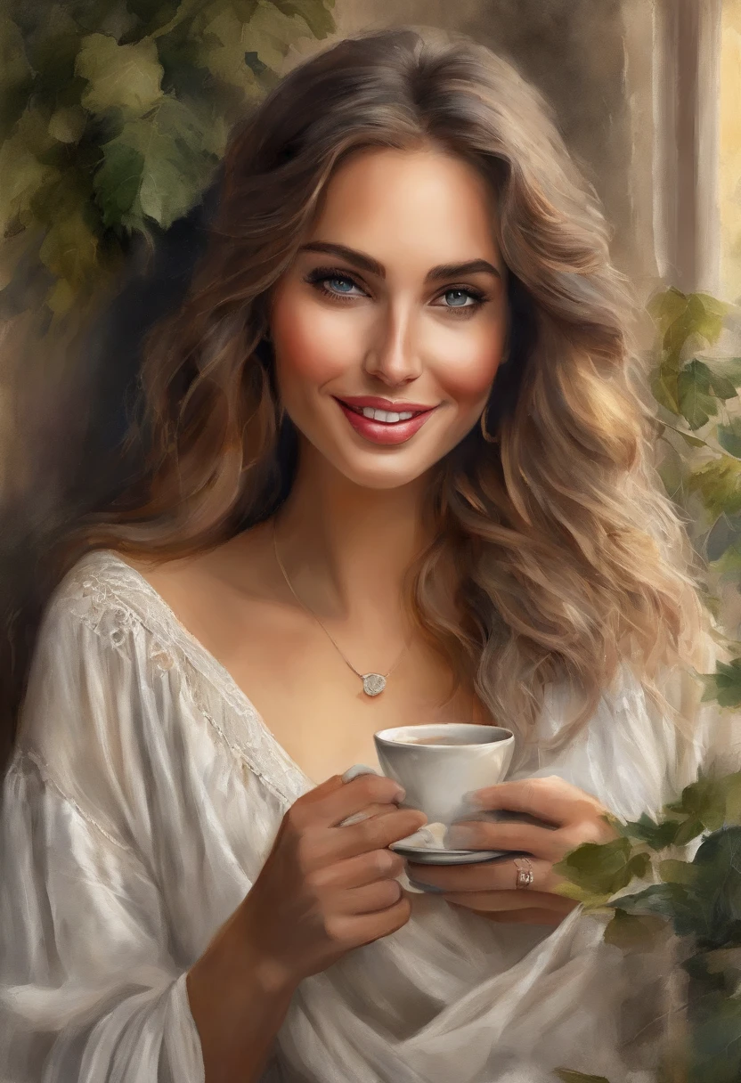 (Best quality,4K,8k,high resolucion,Masterpiece:1.2),Ultra-detailed,(Realstic,photoreallistic,photo-realistic:1.37),1Belle femme,drinking coffee on a terrace with warm clothes,cheveux verts et noirs,Beauty face,Bewitching eyes,dark lipstick,Fashionable outfit,Vibrant colors,studio lighting,verdure luxuriante,Ambiance avant-gardiste,Portrait artistique