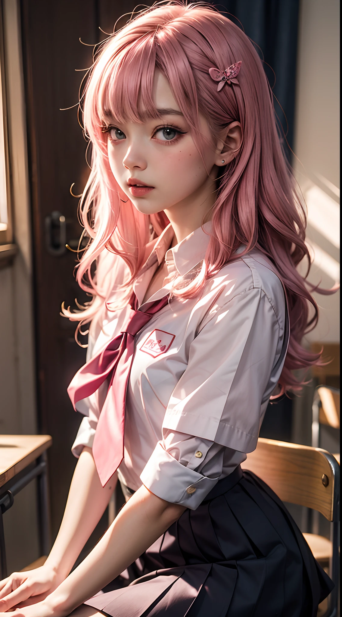 kawaii pink silk girl, school uniform, pink color-theme, in darkness