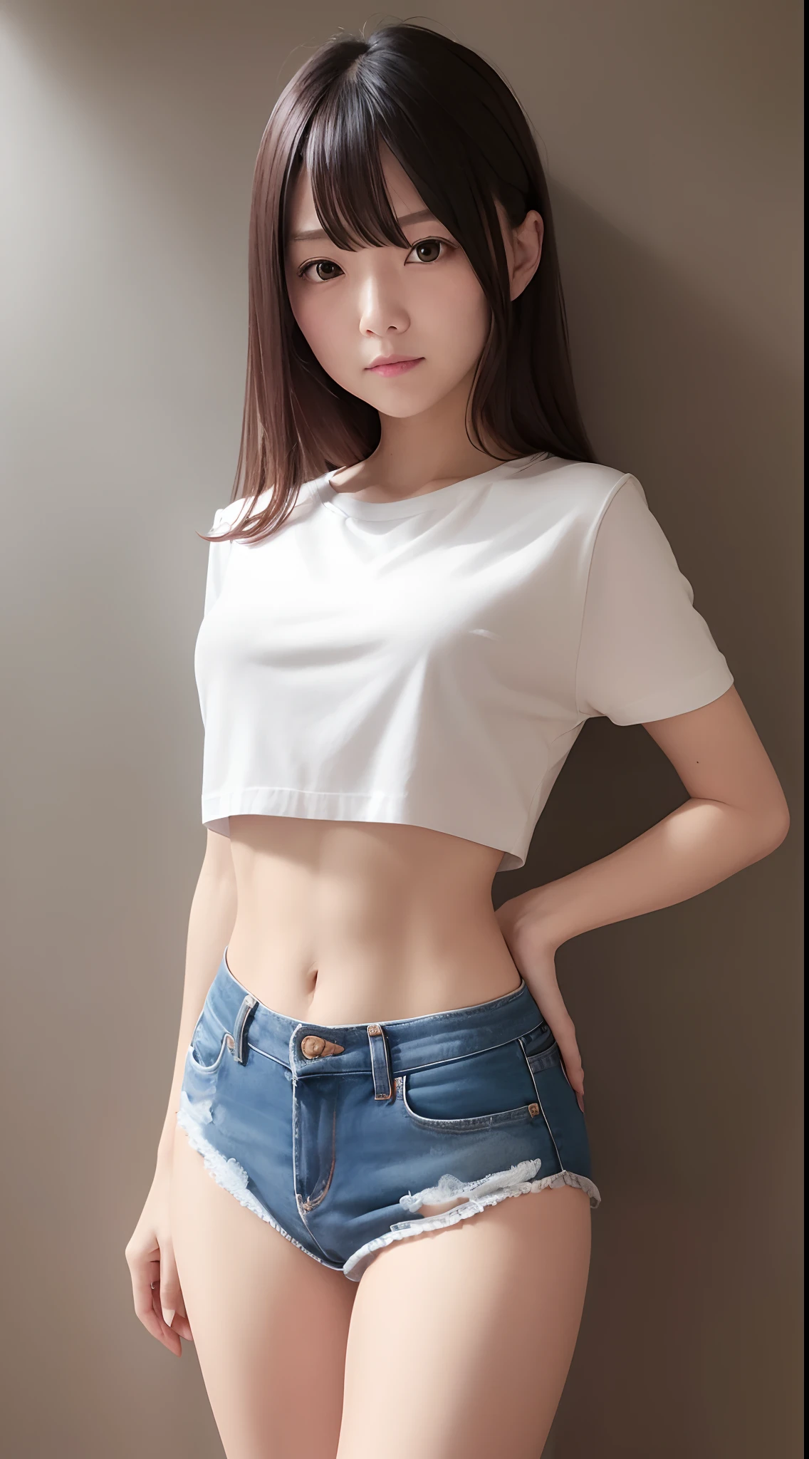 Girl posing for photo in white bra and black skinny denim, full body portrait, cropped t-shirt, bra and streetwear, slim figure, smaller bust, slim girl model, 24 year old female model, white high heels, standing posture,