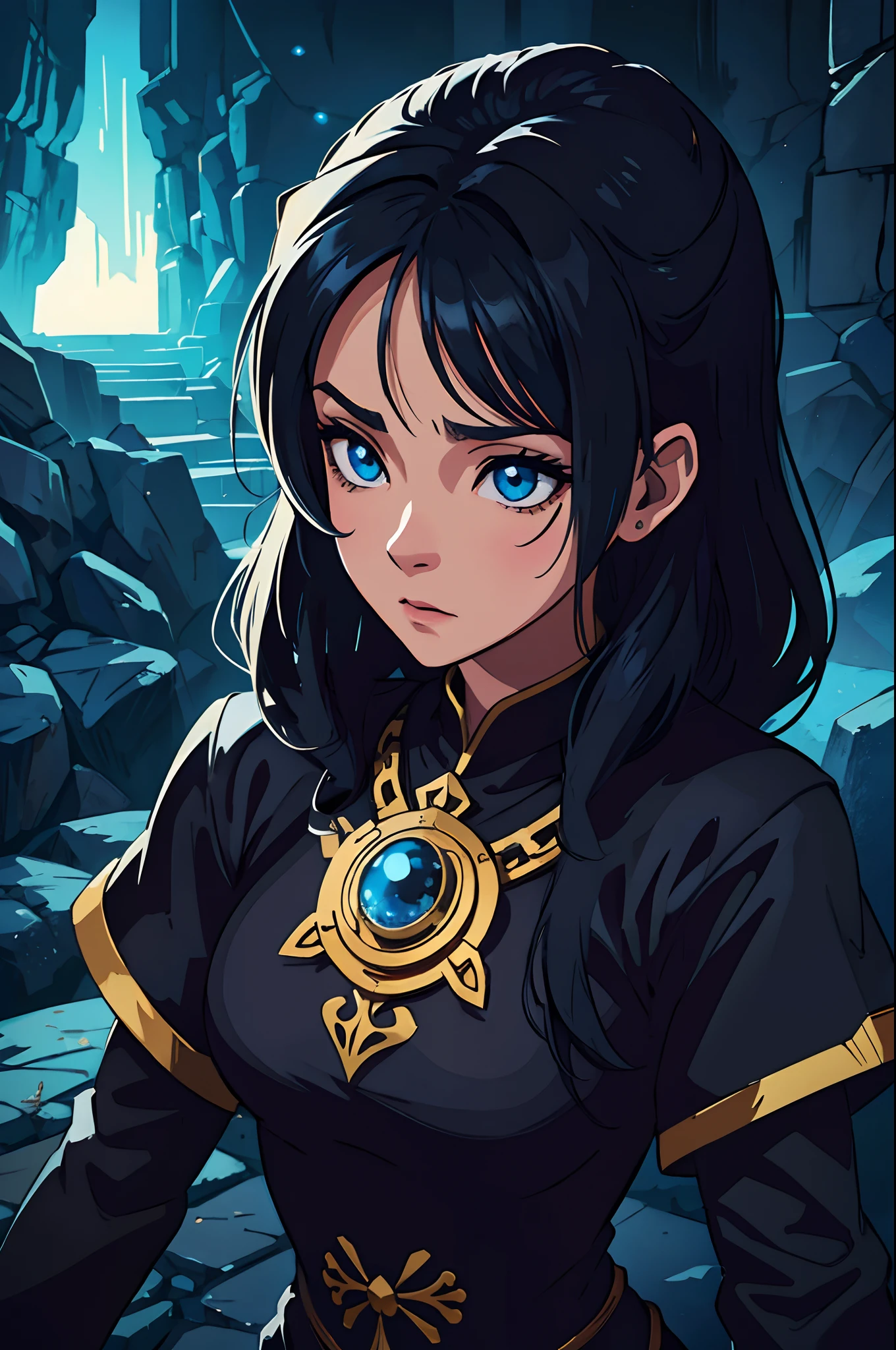 An anime-style illustration, uma mulher bonita, uma bruxa com vestes medievais escuras, foco no rosto, olhos amarelos brilhantes como ouro bem bonitos, ambar eyes, The eyes are the highlight, cabelo preto, maquiagem escura em volta dos olhos amarelos brilhantes, uma imagem bem contrastada e cheia de beleza, cinematic lights, dramatic lighting, Dramatic profile pose, a brightly filled environment in a dark medieval RPG illustration art, anime illustration art, animification, arte detalhada, arte medieval, alta qualidade, 4k.