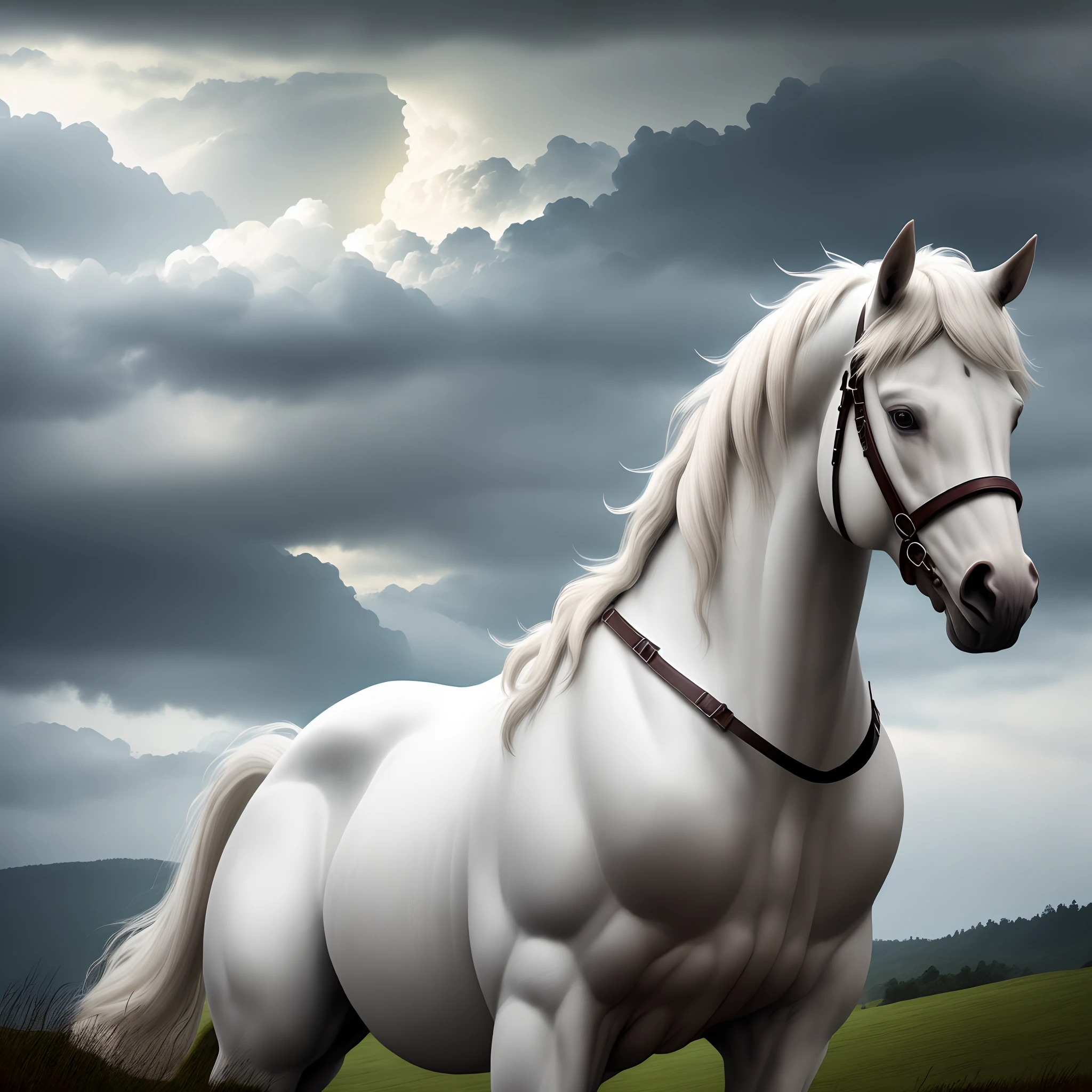 A logo of a white horse on a hill with a dark storm brewing behind