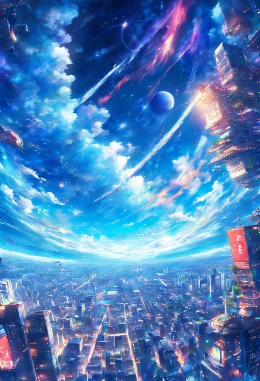 view from space, Estilo anime, Um planeta azul gigante, com 3 luas