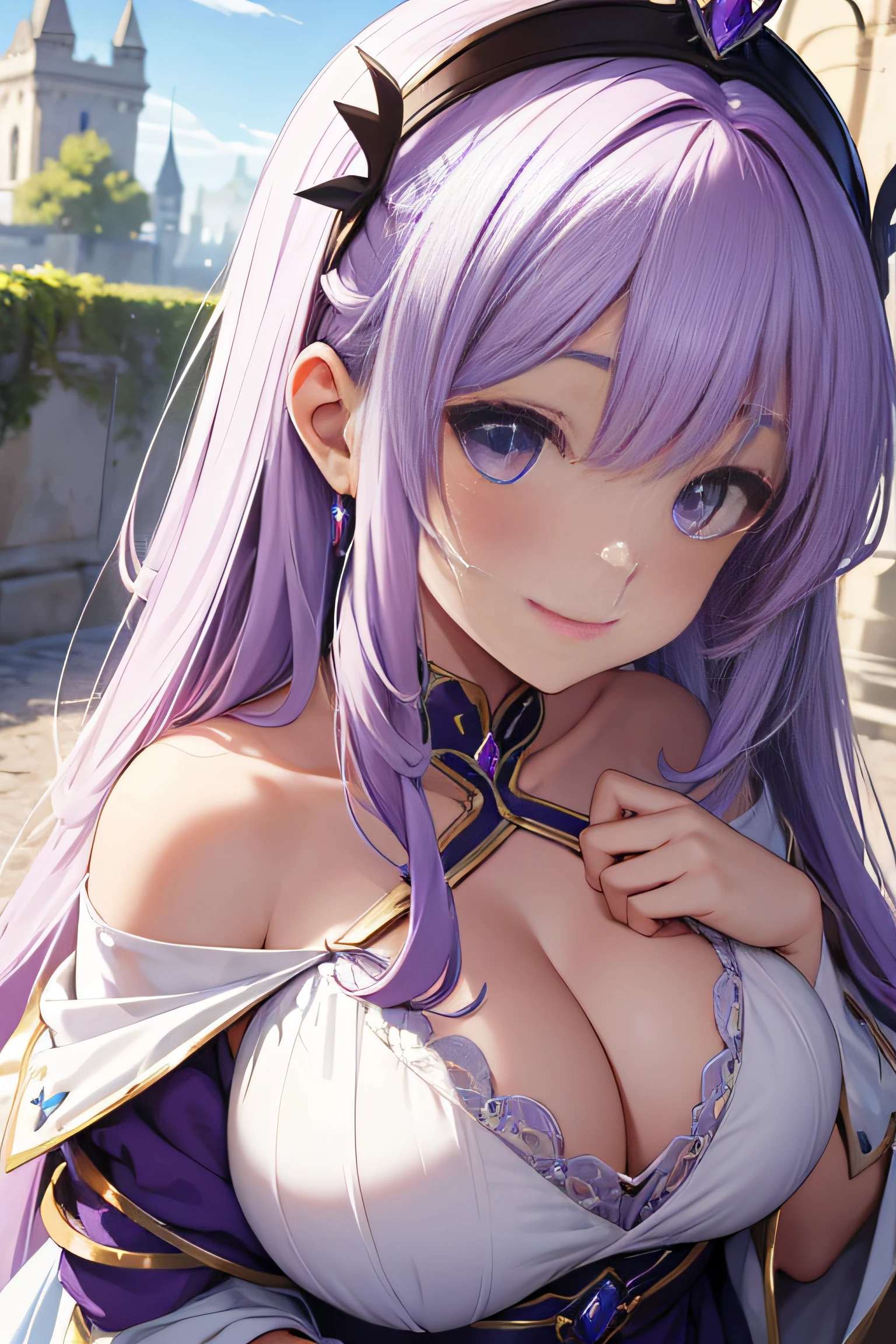 portrait, profil, seulement haut du personnage, gros seins, pas de clivage, cheveux violet clair, circlet, robe princess Line en blanc pur, Very cute girl, sourire