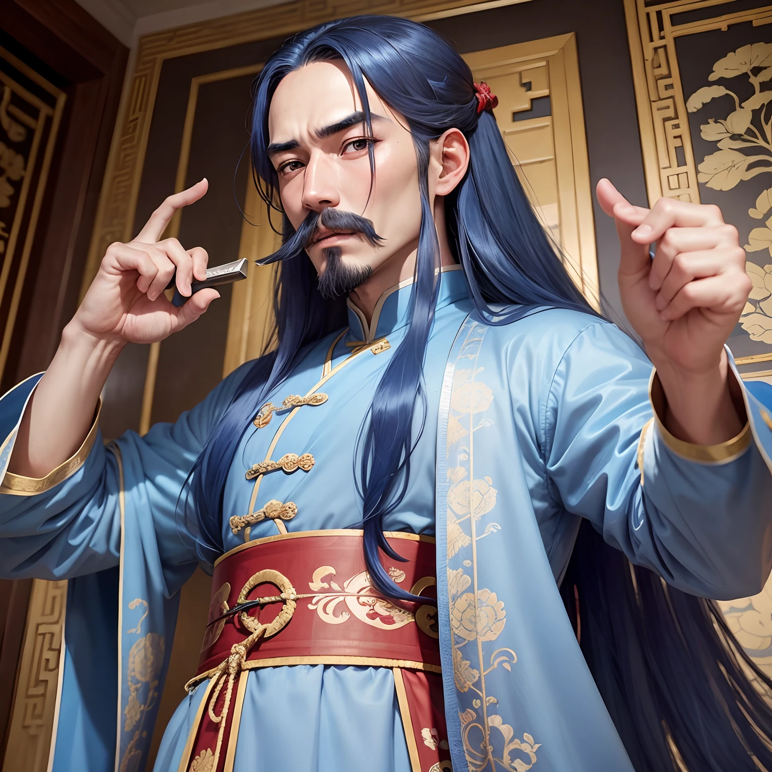 Wallpaper in a palace, a 30-year-old man, named Wang, narrow eyes, mustache, long blue hair, thin lips, wearing blue chinese antique clothes, Laughter can't soak your mouth, Sword handle, Panicked expression on his face