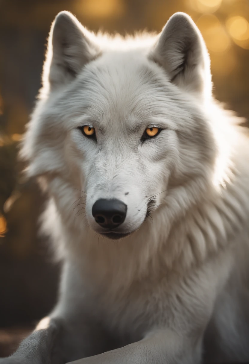 A fluffy white wolf with yellow eyes, placed in a dream-like bedroom background. The wolf is depicted with extreme detail, showcasing its fur texture and intricate facial features. The image should have the best quality, aiming for a photorealistic rendering that captures every intricate detail. The color palette should consist of cool colors, creating a serene and calm atmosphere. The lighting should be soft and ambient, casting gentle shadows to accentuate the wolf's form. Overall, the prompt aims to evoke a sense of tranquility and wonder, immersing the viewer in a dreamy and ethereal world.