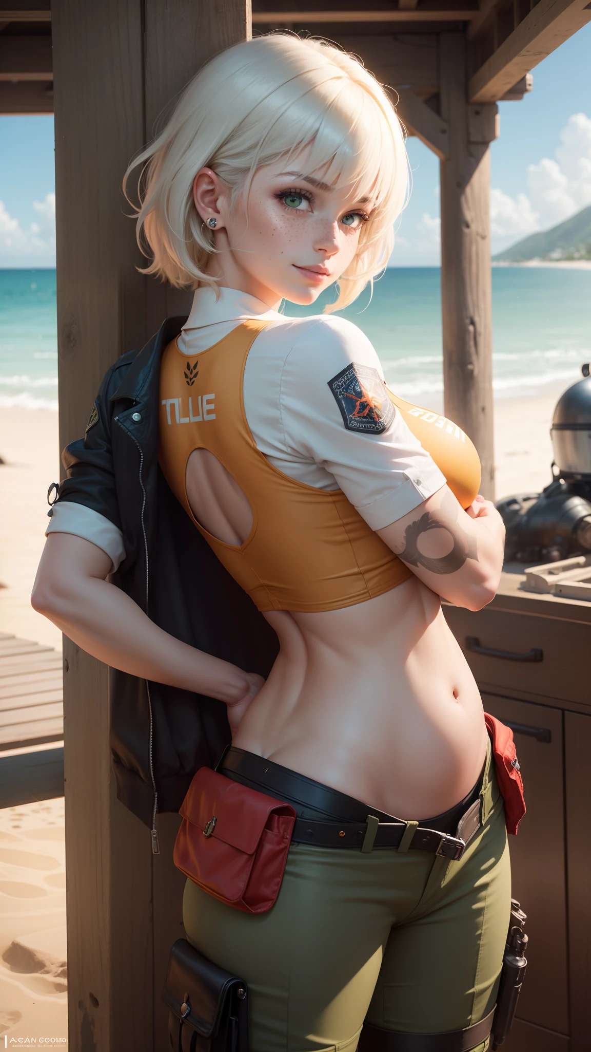 gwen tennyson,1girl,tracer,y'shtola rhul,yorha 2b,atelier ryza,resident evil,close up,mecha pilot,ocean view, tattoos,red and orange plugsuit,white short sleeve silk top,light gray cargo pants,uncovered belly,short hair,cute makeup,green eyes,golden hair with red gradient,shy smile,freckles, redhead,beautiful girl,large breasts, ultra detailed,realistic,fantasy art, military uniform,steel armor,palm trees,police uniform,pilot jacket,ear piercings,hair pin,wet body,beach cabin,from behind,