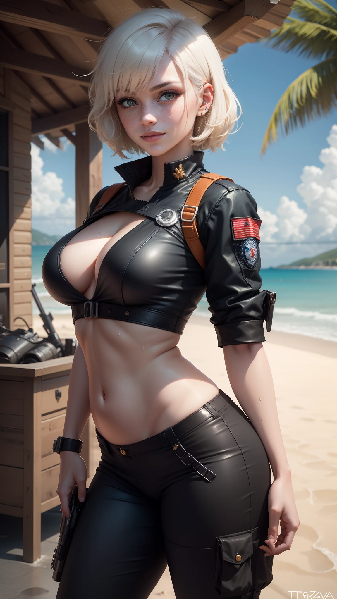 gwen tennyson,1girl,tracer,y'shtola rhul,yorha 2b,atelier ryza,resident evil,close up,mecha pilot,ocean view, tattoos,red and orange plugsuit,white short sleeve silk top,light gray cargo pants,uncovered belly,short hair,cute makeup,green eyes,golden hair with red gradient,shy smile,freckles, redhead,beautiful girl,large breasts, ultra detailed,realistic,fantasy art, military uniform,steel armor,palm trees,police uniform,pilot jacket,ear piercings,hair pin,wet body,beach cabin,from behind,