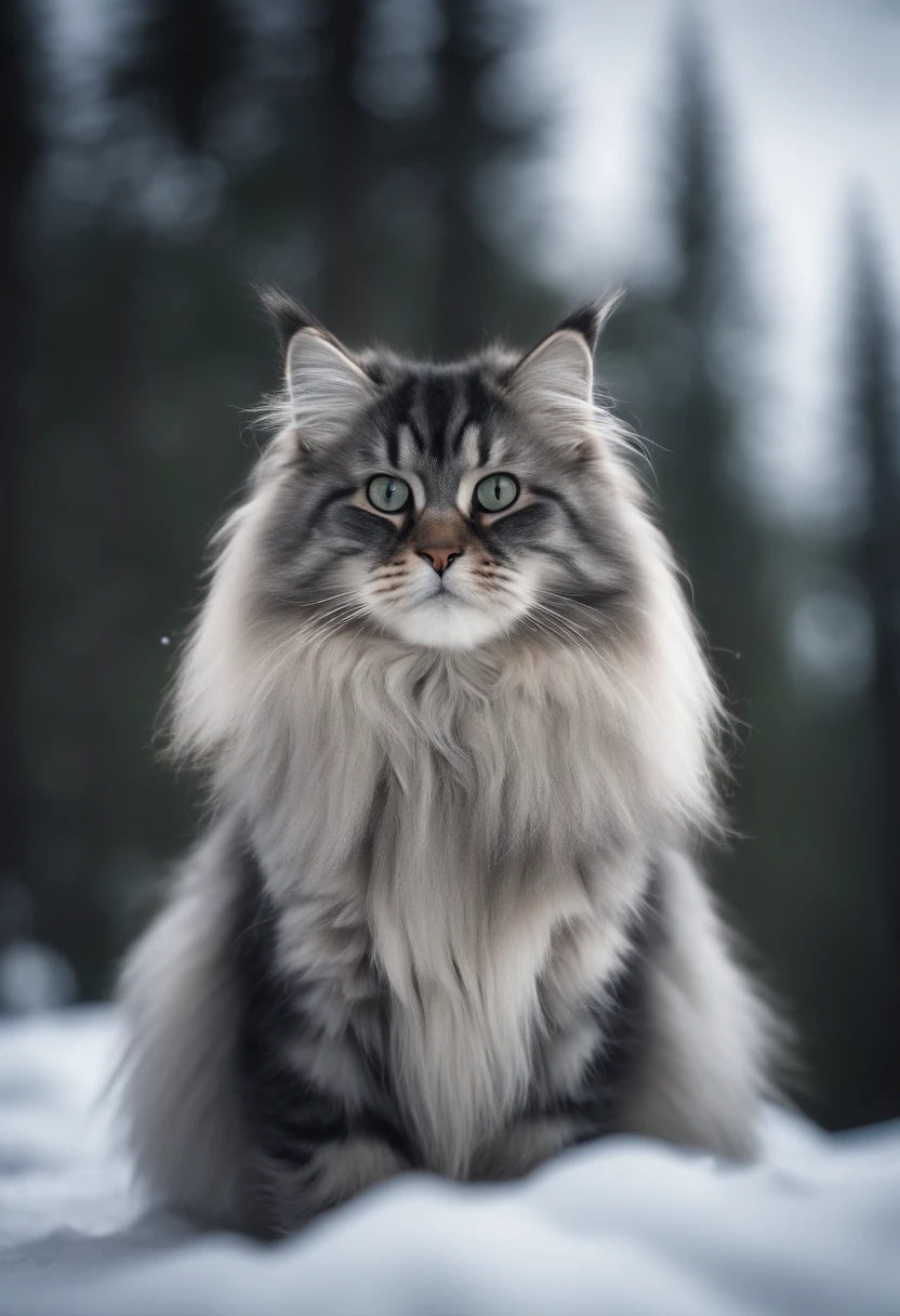 Giant fluffy silver and black Siberian Cat, snow and pine trees background, soft lighting, RAW photo, masterpiece, 8k wallpaper