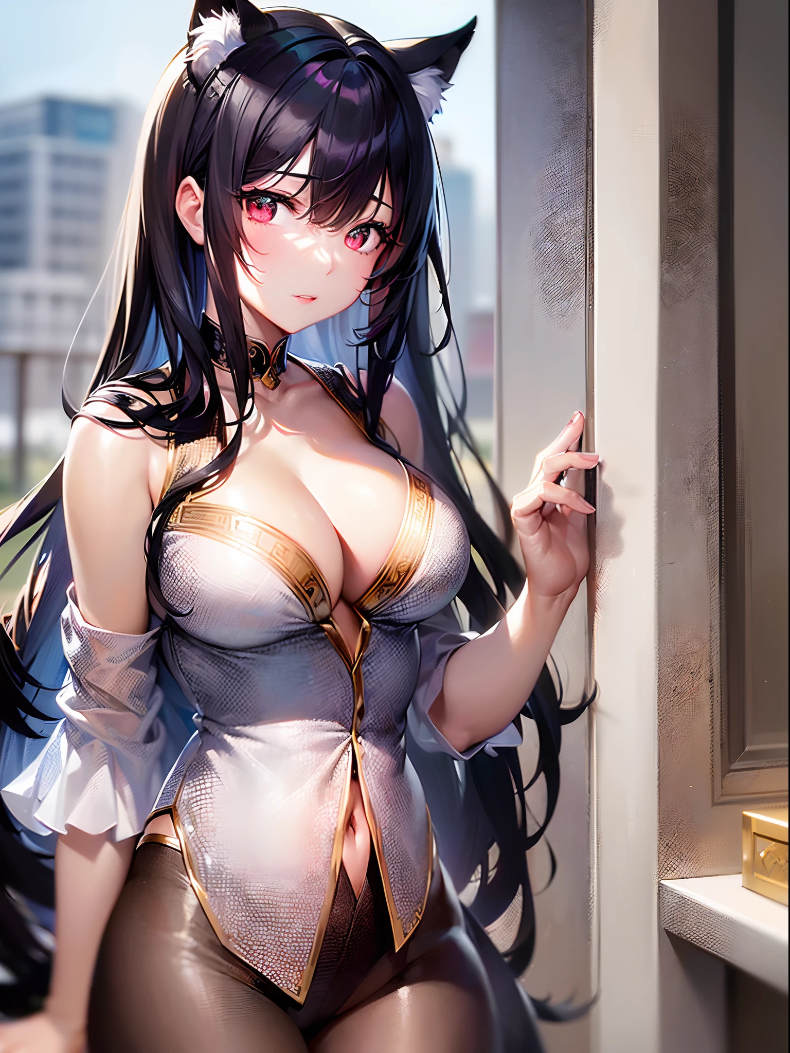 ((Finest quality)),(超A high resolution),(ultra-detailliert),(Meticulous portrayal),((Best CG)),(Finest works of art),Ultra-Precision Art,The art of astounding depiction, (1人の女性:1.5),long shiny black hair:1.5, Sharp-eyed wildcat:1.5