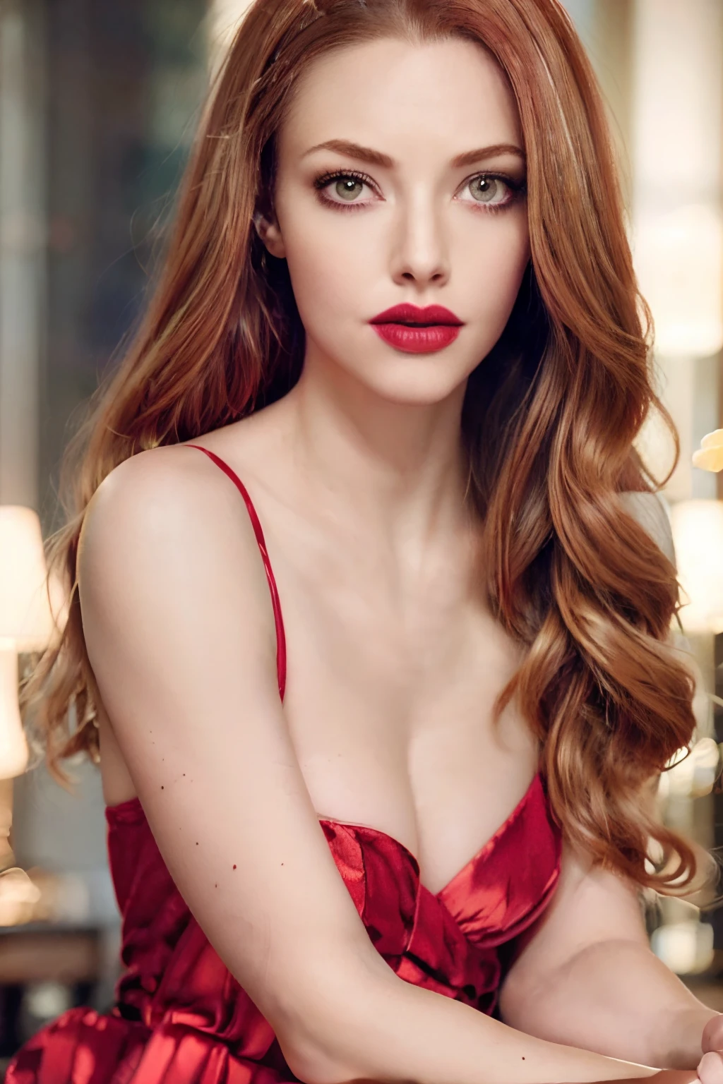 portrait photography, breasts larger than twice her head, glowing red hair, bright red lipstick, puckered lips, sparkling red dress, proper eye position, natural skin, backlight, cinematic light, rim light, soft light, in night time, detailed color graded background, highly detailed, HD, 8k, by Annie Leibovitz