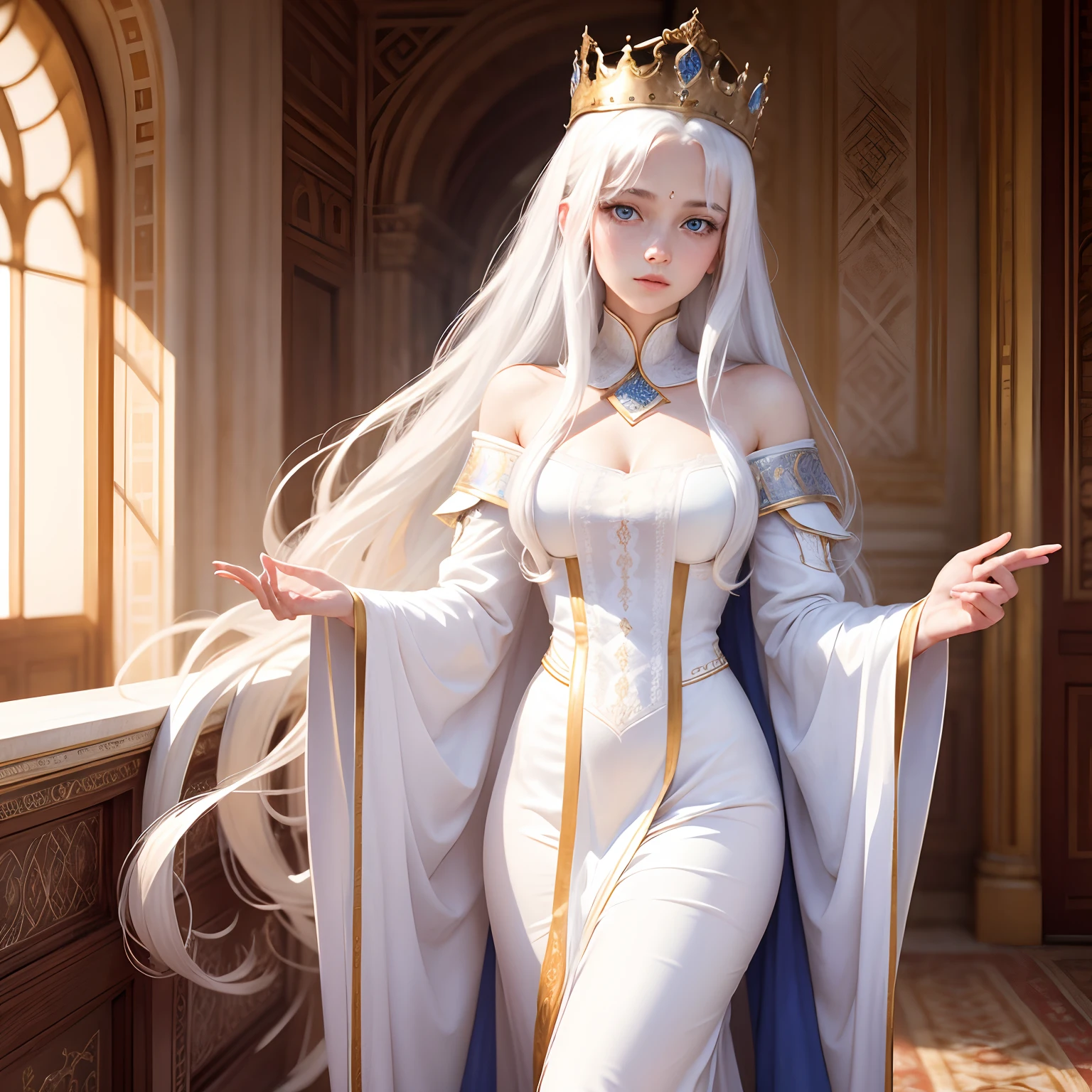 Wallpaper in a palace, a beautiful girl name is Lisa, 18 year old with blue eyes, long white hair, wearing a white tunic, Affectionate face, Wear a long white robe and a crown