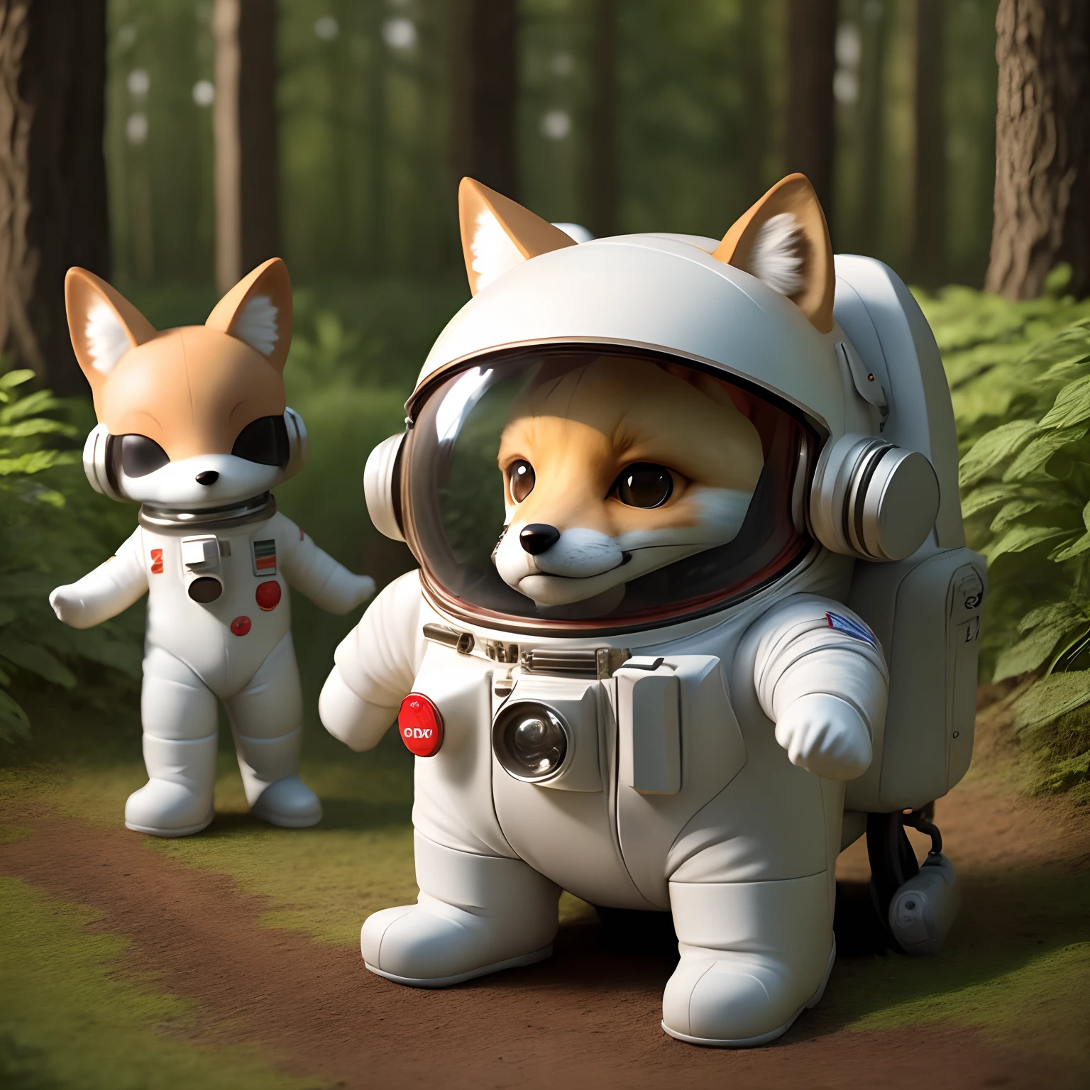 Fox, astronaut, helmet, woodland