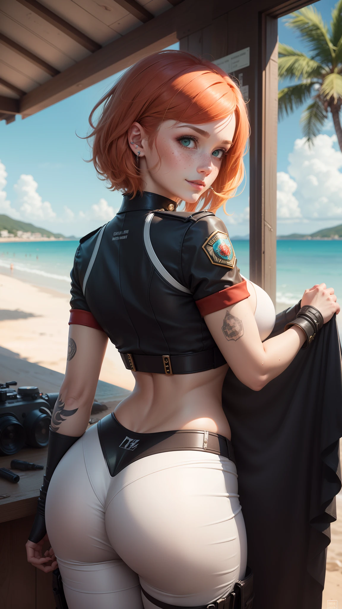 gwen tennyson,1girl,tracer,y'shtola rhul,yorha 2b,atelier ryza,resident evil,close up,mecha pilot,ocean view, tattoos,red and orange plugsuit,white short sleeve silk top,light gray cargo pants,uncovered belly,short hair,cute makeup,green eyes,golden hair with red gradient,shy smile,freckles, redhead,beautiful girl,large breasts, ultra detailed,realistic,fantasy art, military uniform,steel armor,palm trees,police uniform,pilot jacket,ear piercings,hair pin,wet body,beach cabin,from behind, ass up,