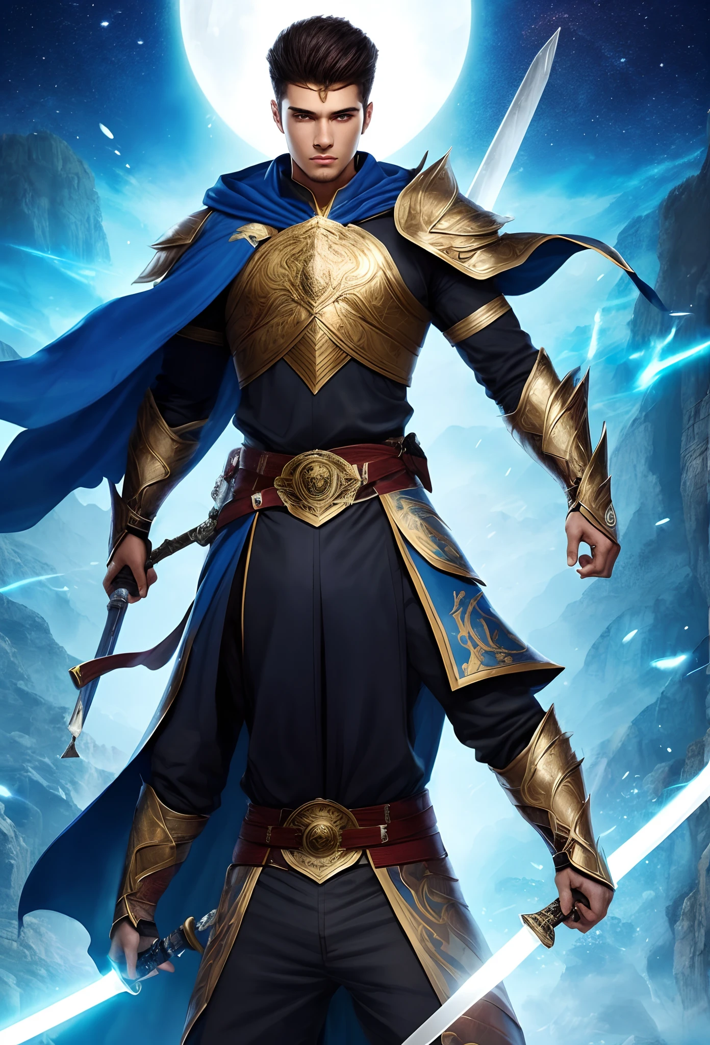 25 year old male Lazer sword fighter wearing light armor over blue robes with Arabic influence