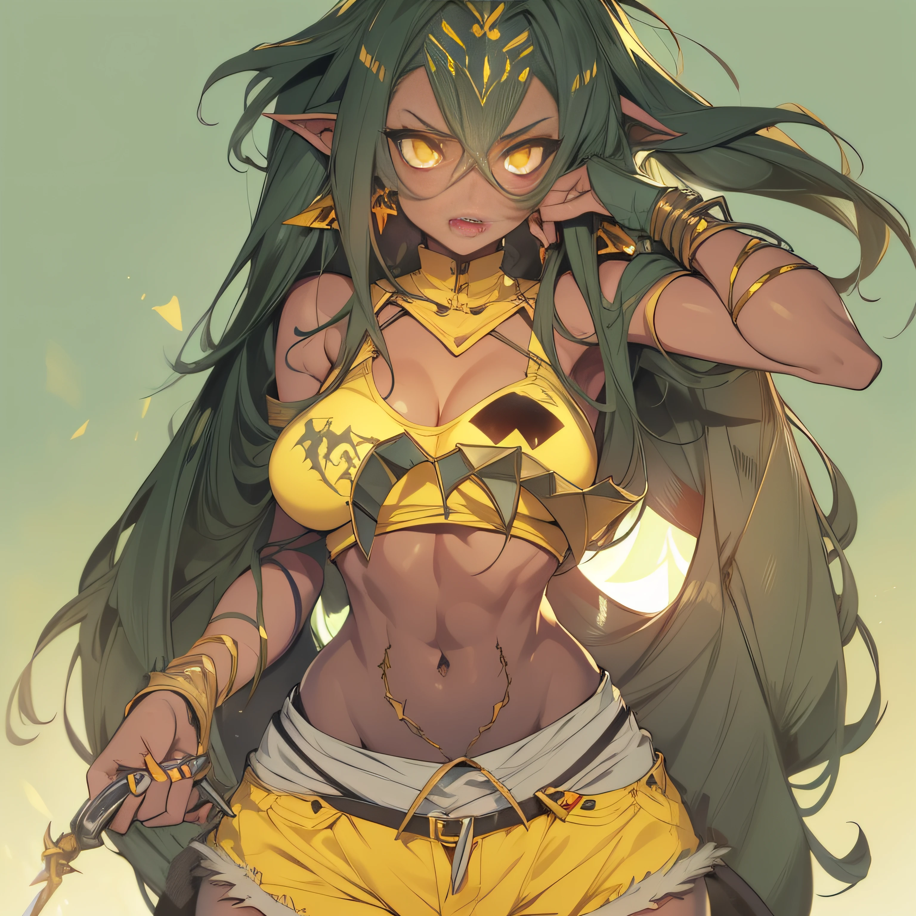 woman sharp teeth, light skin, monster girl, yellow eyes, medium boobs, shorts, aesthetic bra