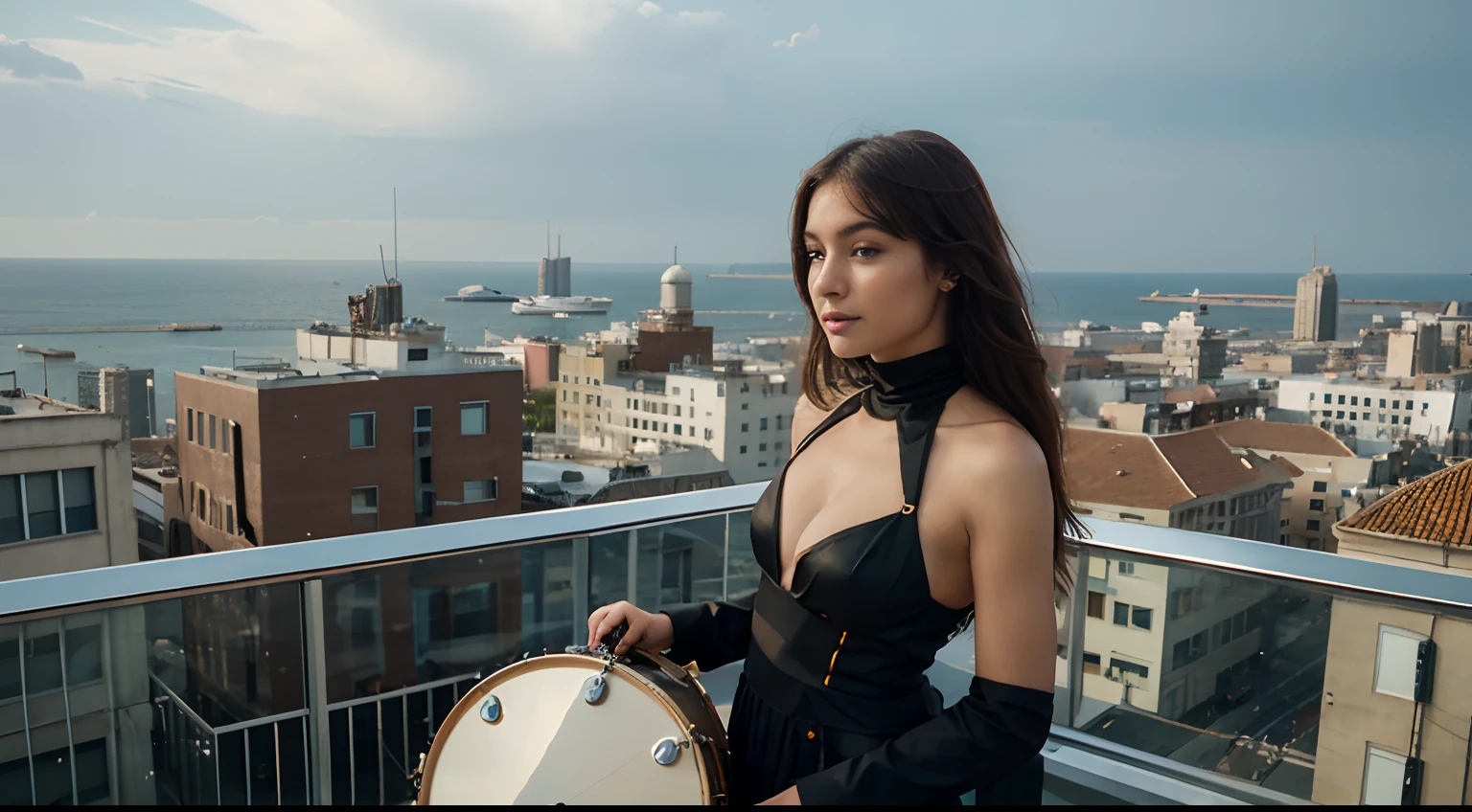 Imagine a scenario where you have an acoustic drum musical instrument, A beautiful woman on top of a building with a view on a beautiful futuristic city