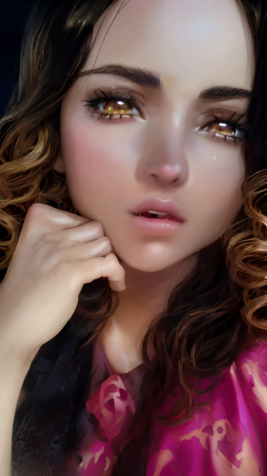 ((Masutepiece, La mejor calidad, high resolusion, NFFSW, pixel perfect, Profundidad de campos, 4k, NFFSW, NFFSW))), 1chica en, soltero, solamente, hermosa chica de anime, Hermoso estilo de arte, Personaje de anime, ((Cabello largo, flequillo, dark brown hair, cabello rizado:0.8)), ((ojos verdes:1.4, ojos detallados, Hermosos ojos, ojos perfectos,curly eyelashes, ojos realistas)), ((Cara detallada, ruboroso:1.2)), ((textura suave:0.75, Textura realista:0.5, estilo CG de anime)), senos medianos, Dynamic Angle, tetona, cuerpo perfecto, dynamic pose