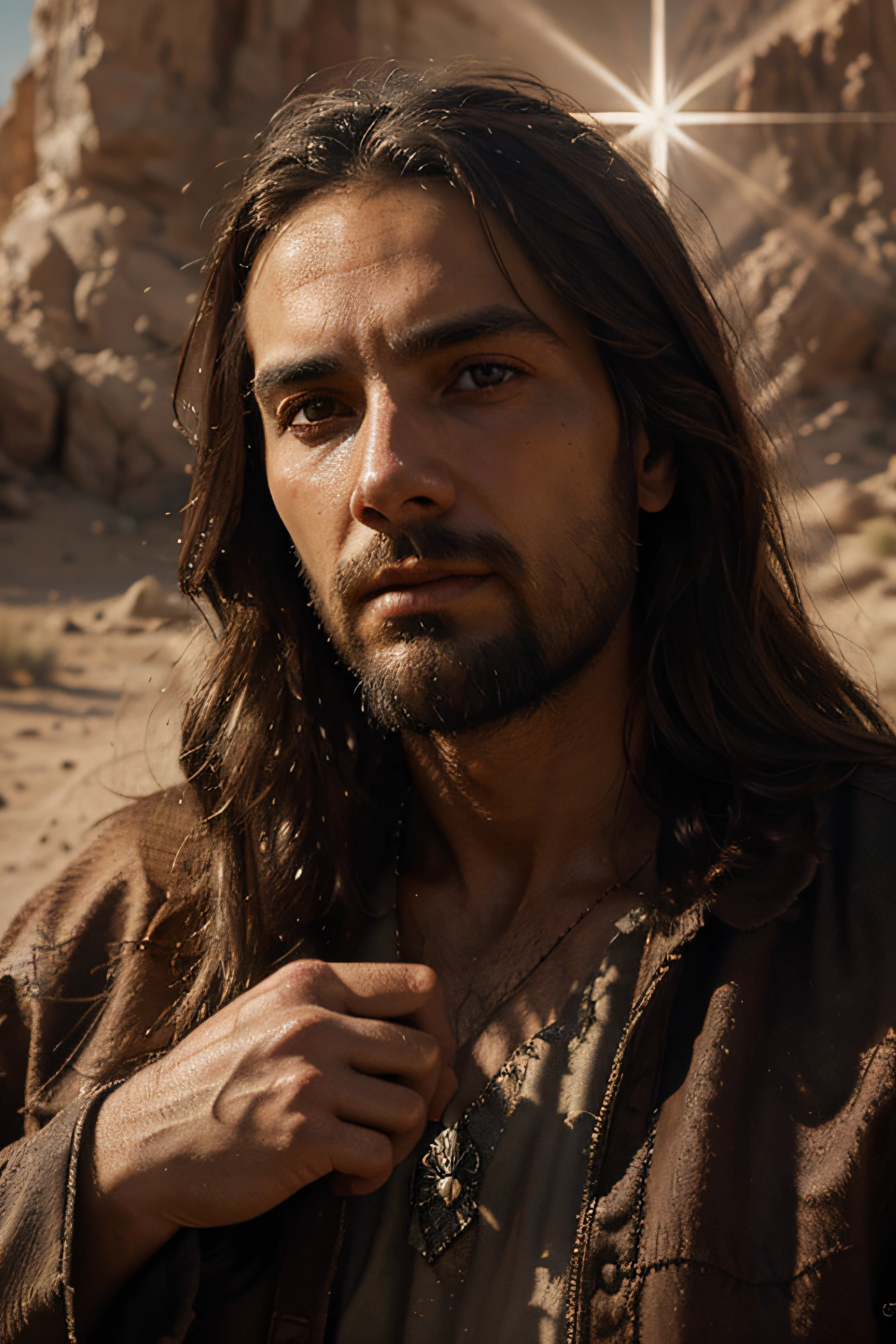 Jesus with holy light behind him casting a miracle by Ivan Kramskoi, highly detailed, intricate, detailed face, "Christ in the Desert" type painting, divine, holy, majestic