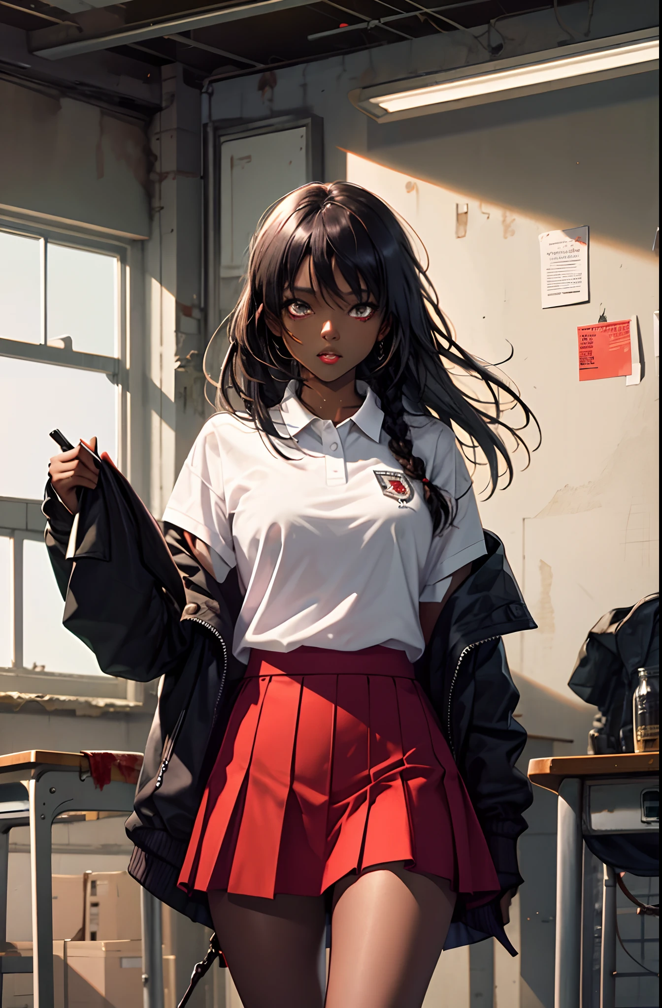 2 girls looking to viewer, black girls, 2 black girls, black skin, both with black braided hair, one girl with red miniskirt, and the other one with light brown miniskirt, blood all over their clothes, white polo shirts both, holding guns, surrounded by zombies, one red skirt, one light brown skirt, holding guns, abandoned classroom background, dark skin, black skin, ebony, red skirt, dreadlocks hair, abandoned school,