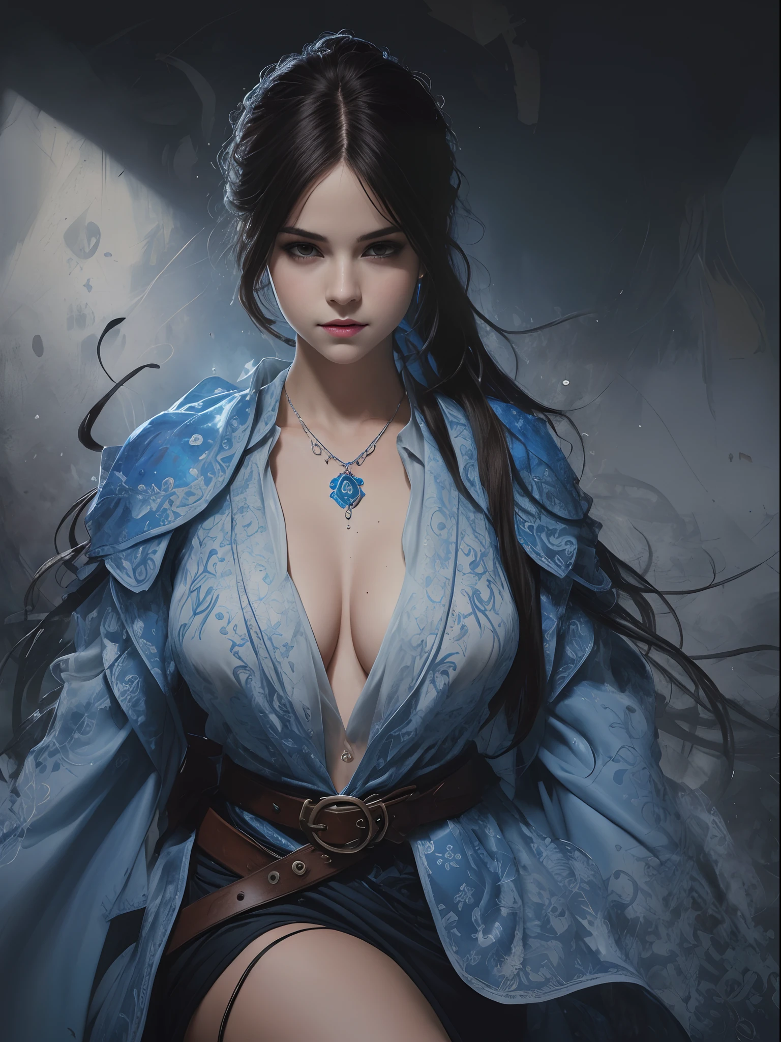 a medium color portrait illustration of an attractive female wizard ((( Selena Gomez:Emma Watson:0.8))),((big boobs 1.3))with a ponytail wearing long loose flowing blue intricately embroidered wizard robes smiling, masterpiece, best quality, highly detailed (dungeon background), mage_glam, necklace, pouches, belts, (large glowing runed circles), fire and ice, casting a spell, highly detailed face, ultra high resolution, in the style of adrian ghenie, esao andrwes, jenny saville, endward hopper, surrealism, dark art by james jean, takato yamamoto, inkpunk minimalism, Best quality details, realistic, High definition, High quality texture, epic lighting, Cinematic film still, 8k, soft lighting