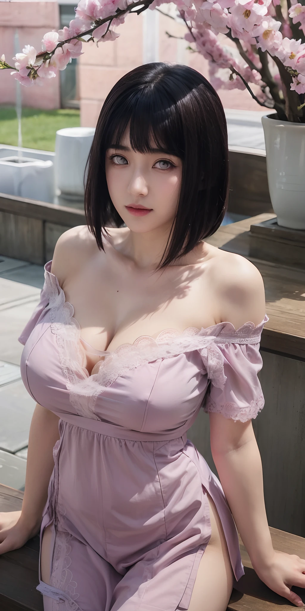 Best quality, high quality, masterpiece (large breasts) huge breasts, white eyes, detailed skin texture, detailed cloth texture, detailed face, super detail, 8k, intricate detail, 1girl, realistic, Hinata Hyuga