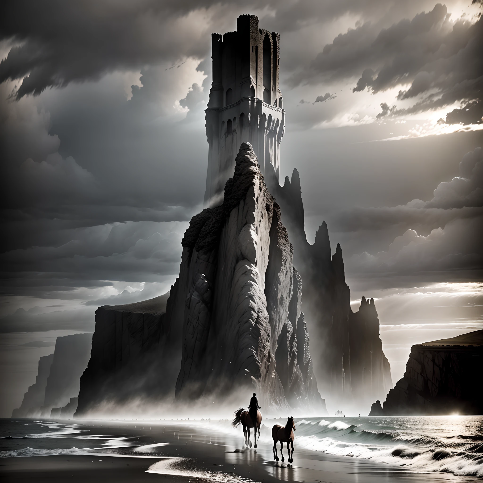 Horses walk on the beach near the cliffs and castles, Cinematography concept art, game art matte painting, Gray filter, epic cinematic matte painting, photorealistic dark concept art,Oppressive skies， high quality matte painting, 3d rendered matte painting, 3 d render and matte painting, cinematic matte illustration, moody iconic scene, highly realistic concept art, cinematic matte painting