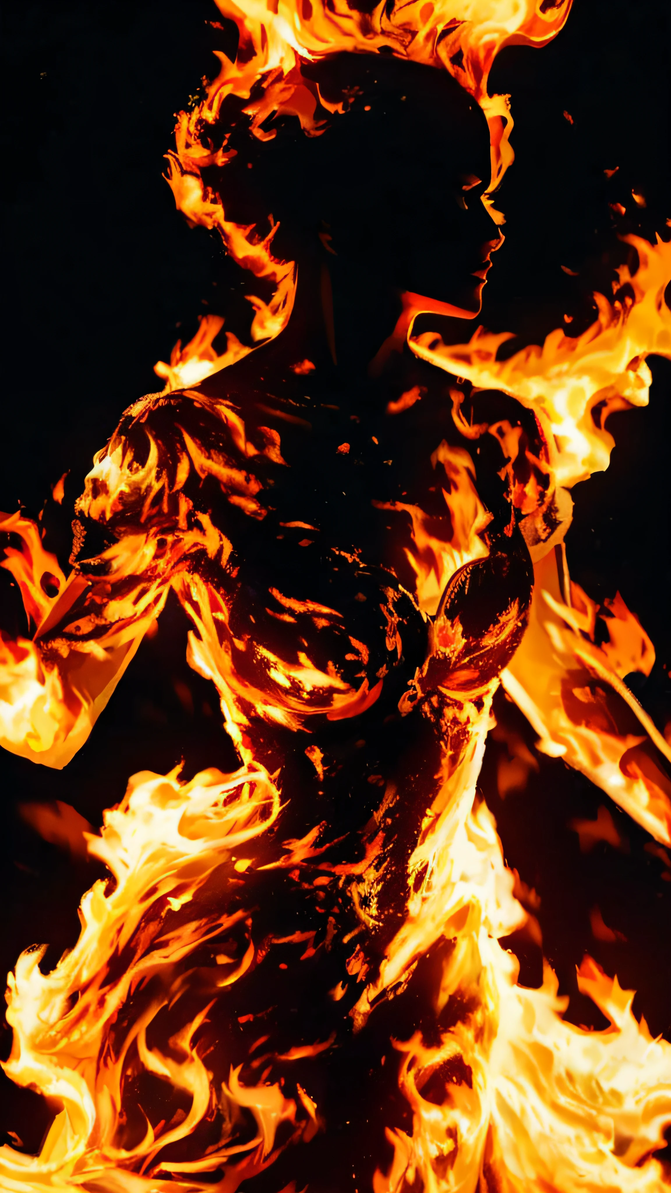 a clothed woman made of engulfing fire, cinematic, intricate, black background