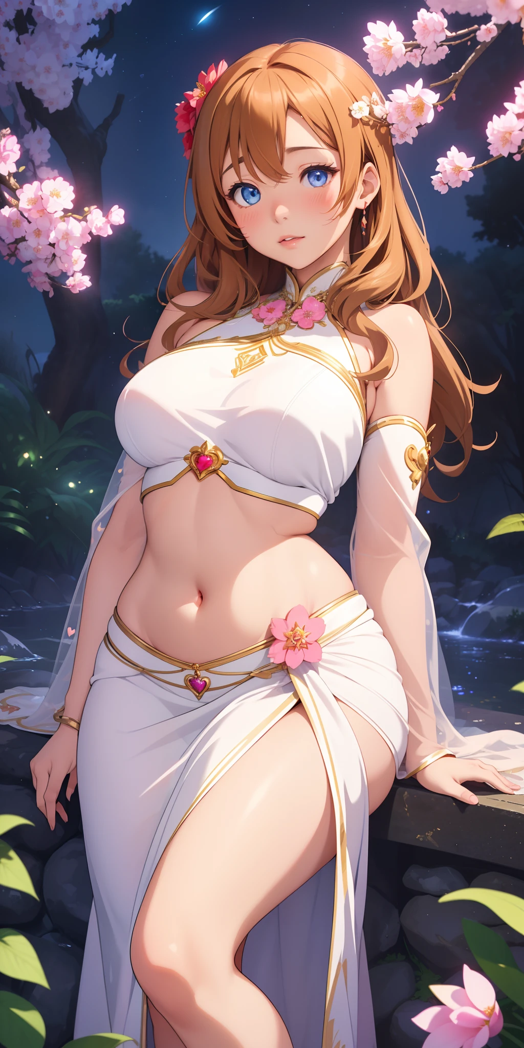 (best quality, realistic:1.2), kousaka honoka, long hair, stunning eyes, mesmerizing glowing eyes, long dress with sleeves, midriff, delicate blush, enchanting night scenery, blooming flowers under the moonlight, warm sunlight filtering through the branches and casting a gentle glow, (curvy body), goddess, hearts