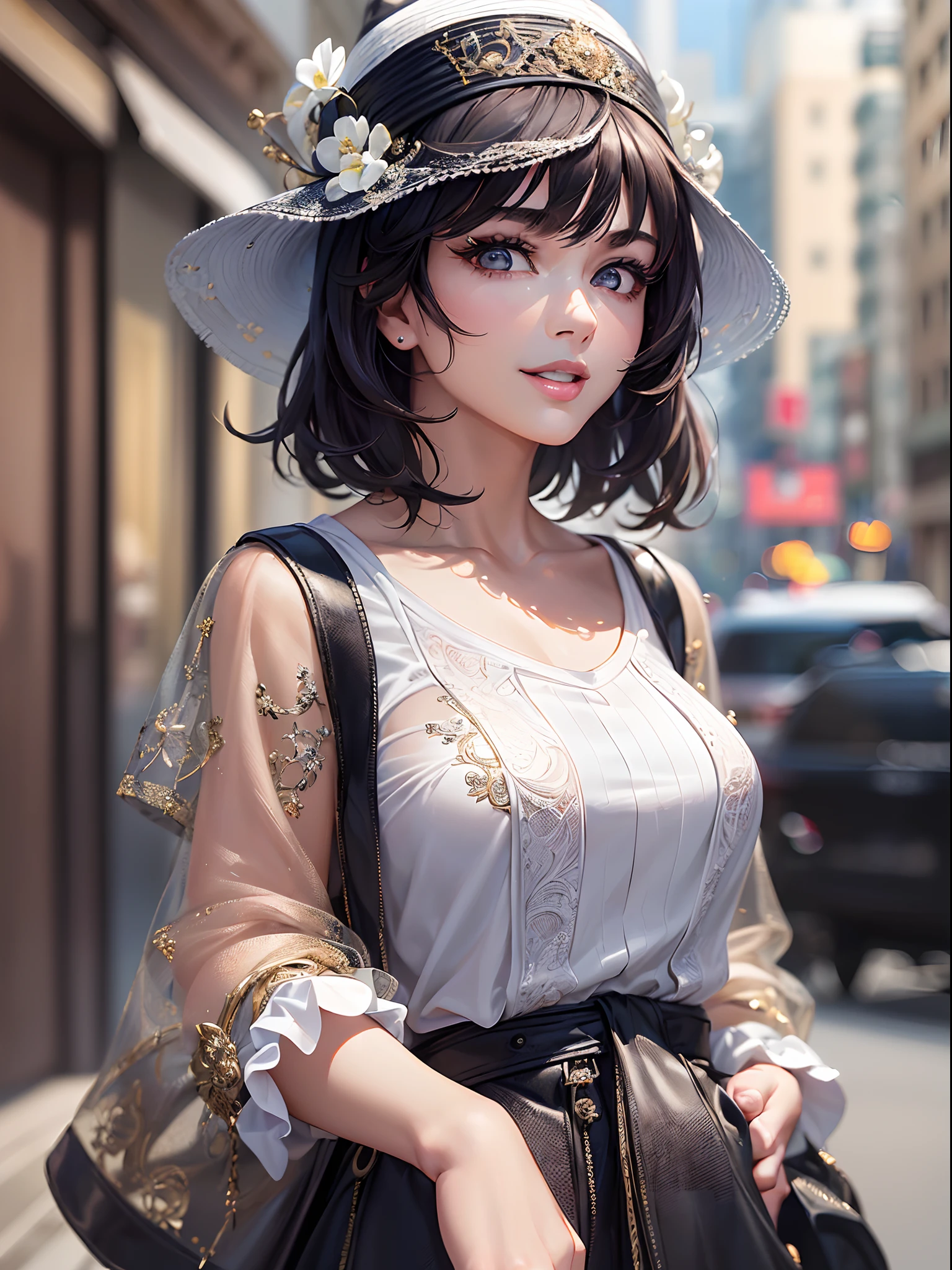 ((Finest quality)),(超A high resolution),(ultra-detailliert),(Meticulous portrayal),((Best CG)),(Finest works of art),Ultra-Precision Art,The art of astounding depiction, (1 Female Fashion Model:1.5),short black hair with luster:1.5,a smile,Rough Casual Fashion,Hats, Dog walking