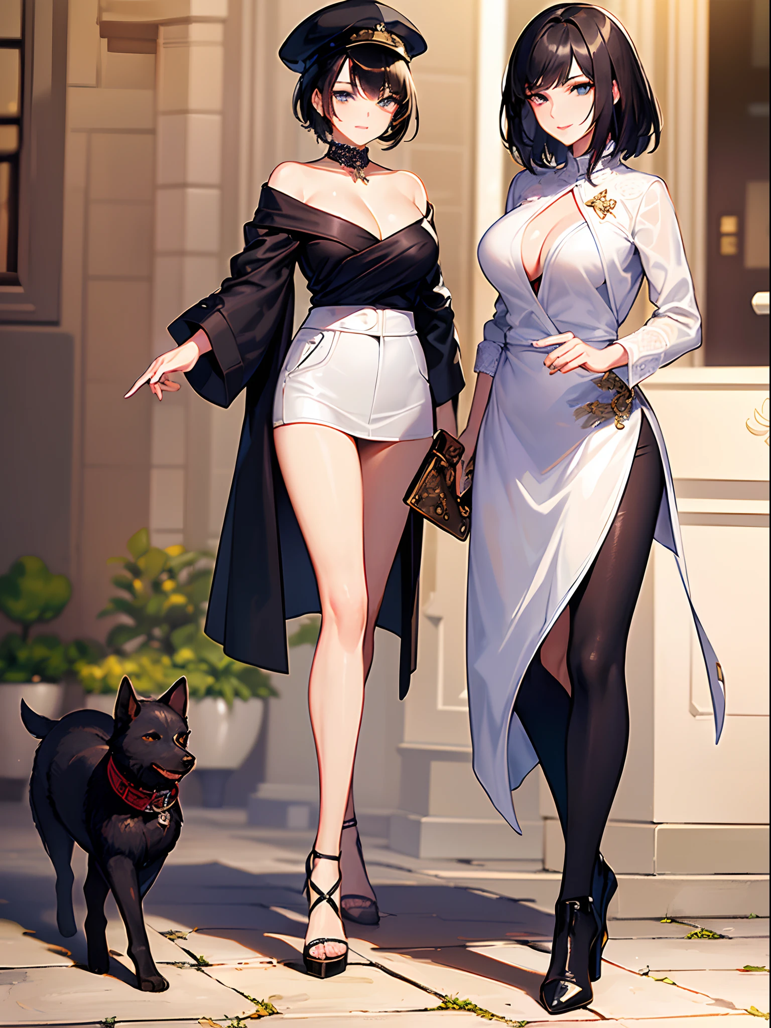 ((Finest quality)),(超A high resolution),(ultra-detailliert),(Meticulous portrayal),((Best CG)),(Finest works of art),Ultra-Precision Art,The art of astounding depiction, (1 Female Fashion Model:1.5),short black hair with luster:1.5,a smile,Rough Casual Fashion,Hats, Dog walking
