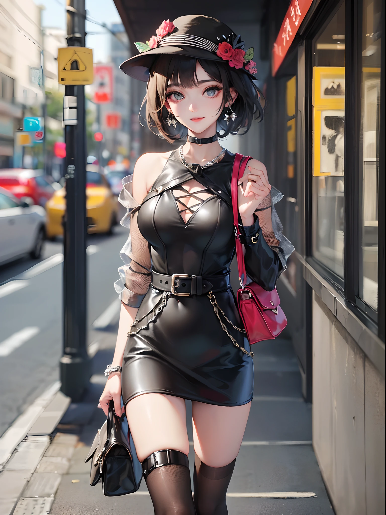 ((Finest quality)),(超A high resolution),(ultra-detailliert),(Meticulous portrayal),((Best CG)),(Finest works of art),Ultra-Precision Art,The art of astounding depiction, (1 Female Fashion Model:1.5),short black hair with luster:1.5,a smile,Rough Casual Fashion,Hats, Dog walking