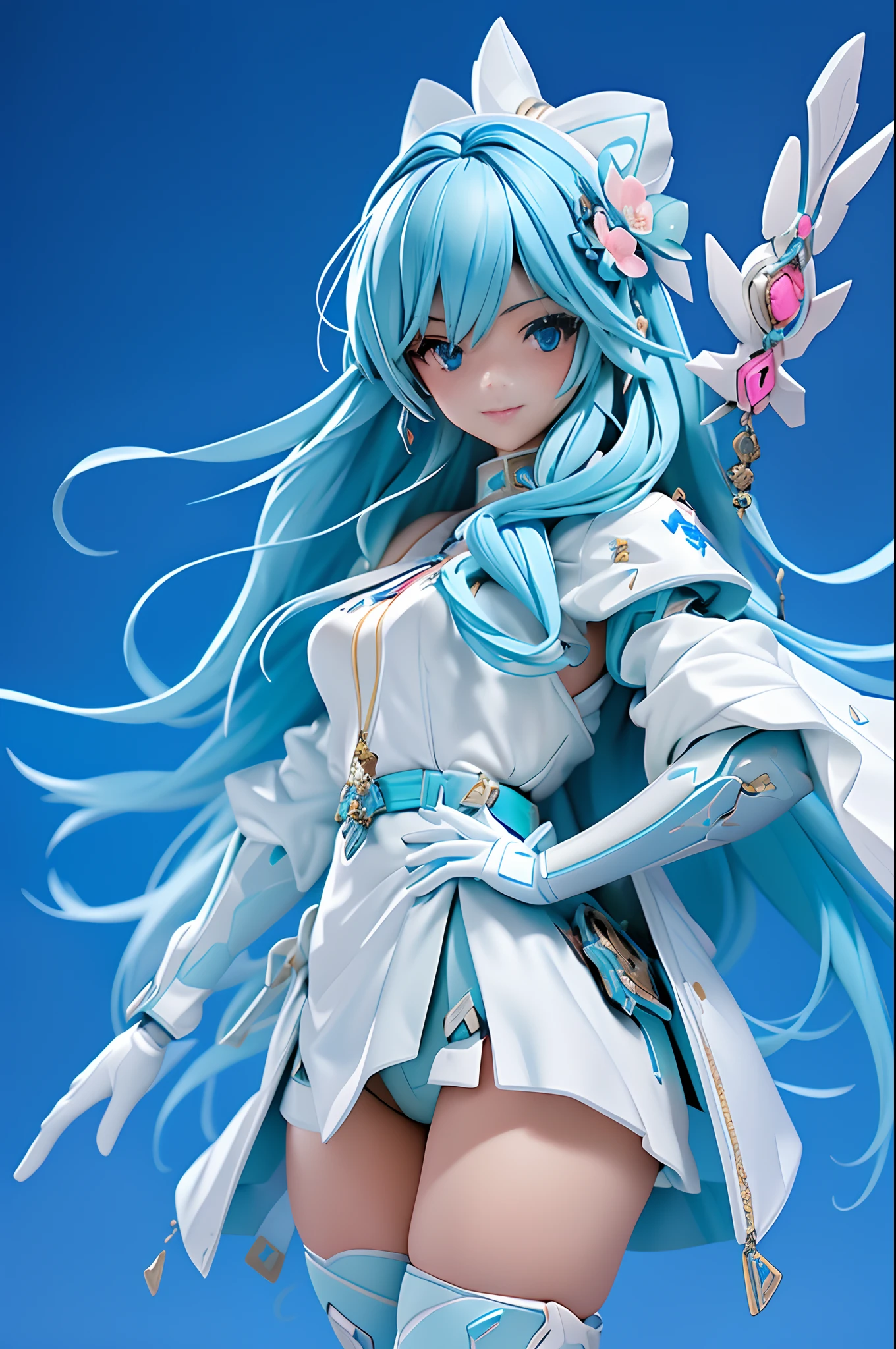 a close up of a statue of a woman (long blue aqua hair) in a pink mecha armor, cyberpunk, cute face, gorgeous, fine details, pop up parade figure, girls frontline, kantai collection style, majestic pose, by senior character artist, ( highly detailed figure ), full body shot, Capture the intricate details of your favorite AmiAmi statue from multiple angles, 1girl