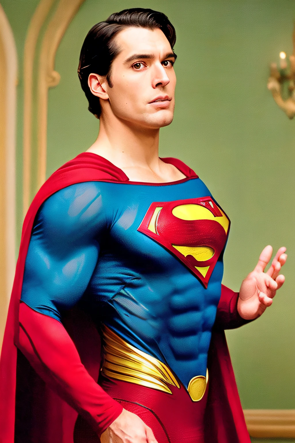 Create a realistic artwork depicting Superman in a movie scene, infused with the distinctive style of filmmaker Wes Anderson. Capture the essence of Anderson's visual storytelling, characterized by symmetrical compositions, vibrant colors, and meticulous attention to detail. Imagine Superman in a whimsical and meticulously arranged setting, reminiscent of Wes Anderson's film aesthetics. Pay close attention to color palettes, ensuring they reflect Anderson's signature style. Use symmetrical framing to add a sense of balance and quirkiness to the composition. Incorporate elements that nod to Anderson's filmography, such as unique props, quirky characters, or a whimsically designed background. The scene should convey both the grandeur of Superman and the charm of Wes Anderson's visual storytelling. This artwork should be a delightful fusion of Superman's iconic presence and the whimsical, visually captivating style of Wes Anderson's films.