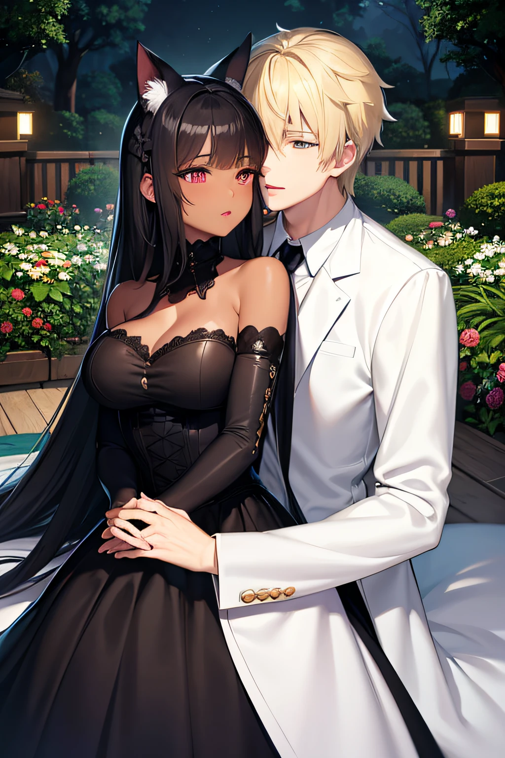 dark-skinned girl with black hair, a light white-skinned boy with blonde hair, detailed eyes, detailed lips, long lashes, beautiful hairstyles, expressive facial expressions, garden setting, dreamy atmosphere, soft lighting, emotional connection, romantic pose, vibrant colors, anime style,high-res artwork,ultra-realistic rendering, interracial white pale Male and black dark-skinned female, Anime couple, kawaii, kissing, cat ears, animal ears, romance-themed background, black girl and white pale male hugging, dark-skinned girl and white pale male kissing, the white pale male with blond short hair, smiling, happy, cute clothing, cool clothing, themed cloths, purple clothes, modest clothing, girl in a black dress, dark-skinned girl in a dress, white pale boy in suit,