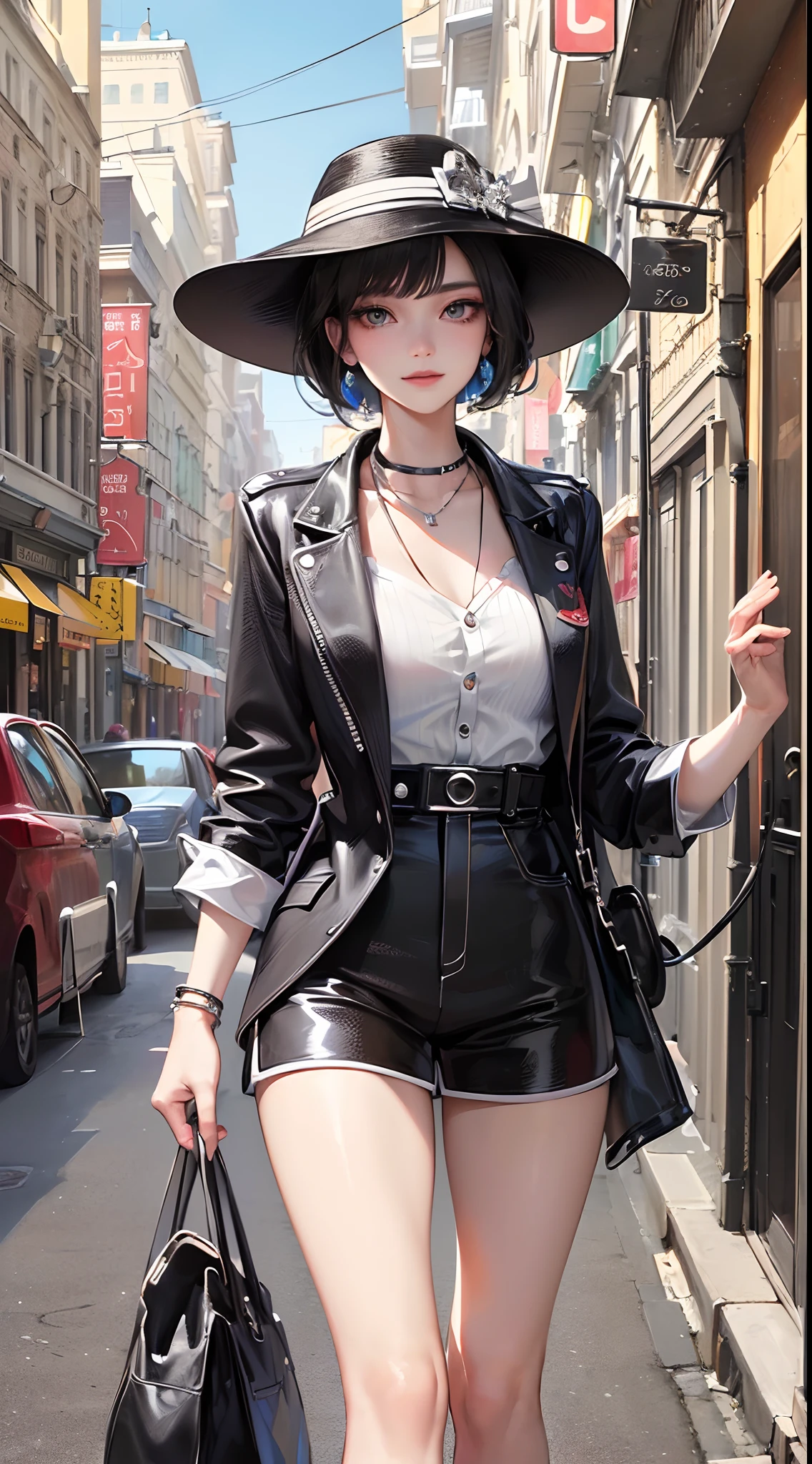 ((Finest quality)),(超A high resolution),(ultra-detailliert),(Meticulous portrayal),((Best CG)),(Finest works of art),Ultra-Precision Art,The art of astounding depiction, (1 Female Fashion Model:1.5),short black hair with luster:1.5,a smile,Rough fashion,Hats, Dog walking