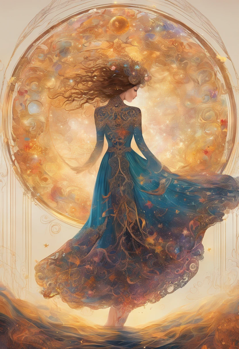 Landscape, A queen in a dress made of starry night veil is crisscrossing the Earth downstairs with her extraordinary long hem dragging.  Enquanto ela caminha, Noite estrelada cai em seu caminho.　Uma fantasia noturna estrelada. Rosto bonito perfeito, perfect hands, arte de fantasia, Landscape,