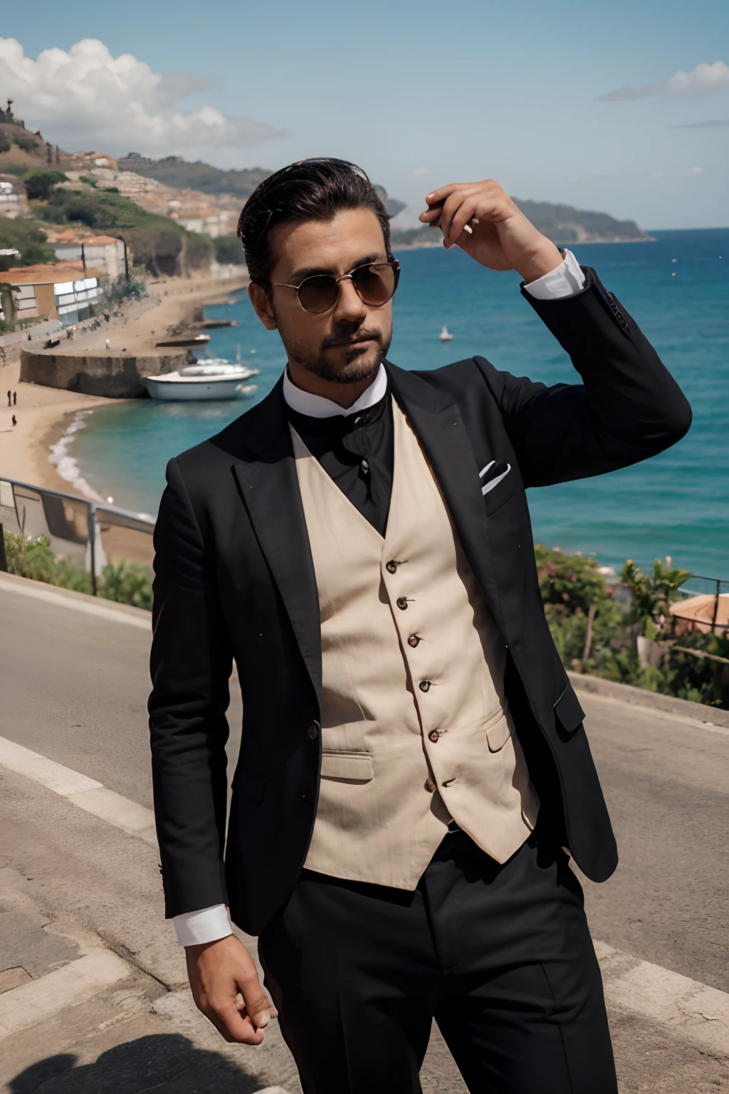 Um homem de 30 anos, rico comerciante, fine black clothes from the late nineteenth century, porto de mar com um grande navio ao fundo