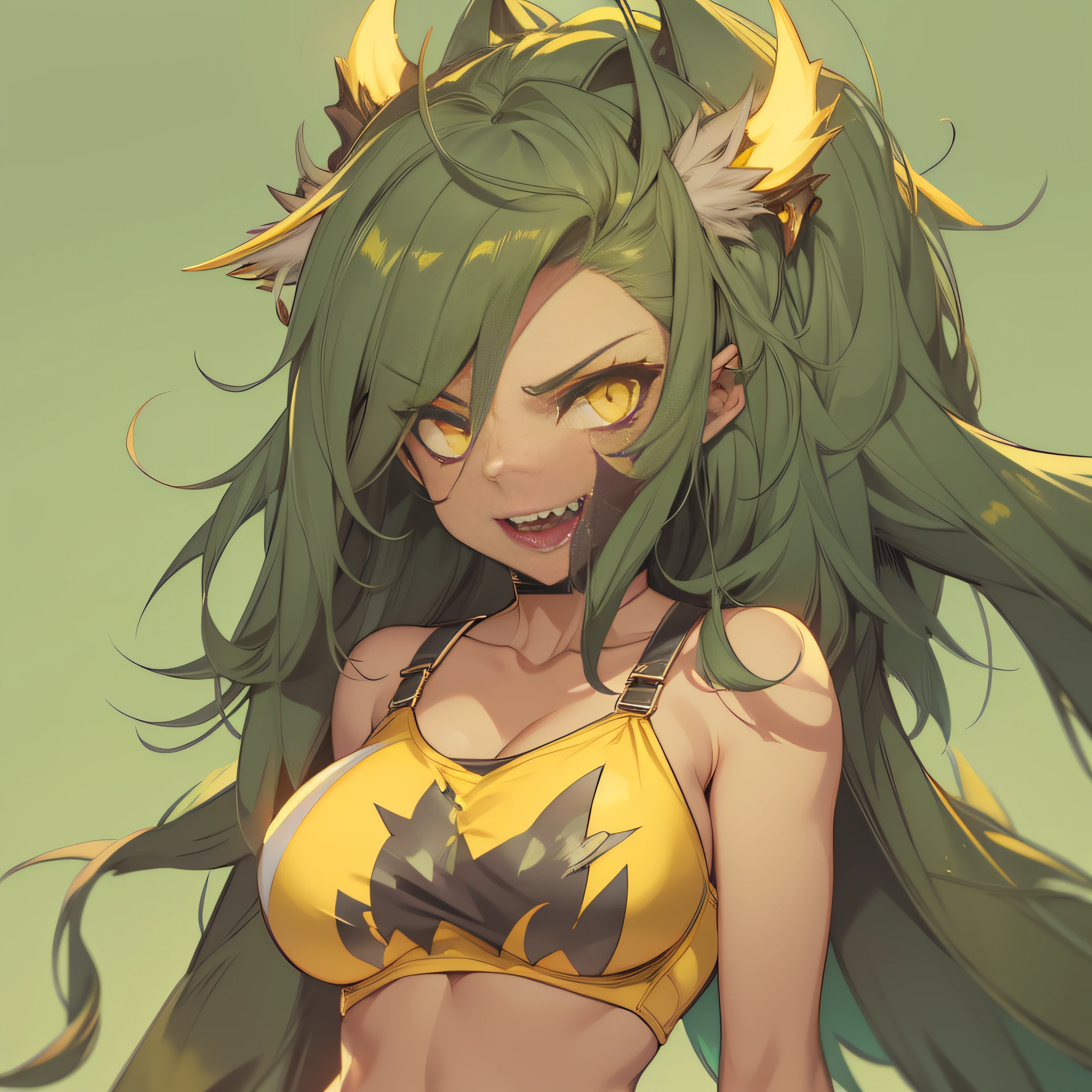 woman sharp teeth, light skin, monster girl, yellow eyes, medium boobs, shorts, aesthetic bra