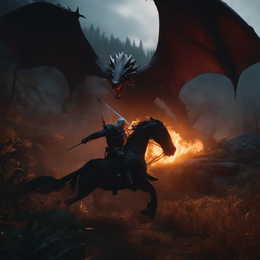 masterpiece, best quality, high quality, extremely detailed CG unity 8k wallpaper, Depth of Field, HDR, Photorealistic, extremely detailed, Intricate, High Detail, silhouettes of the Witcher fighting a dragon.