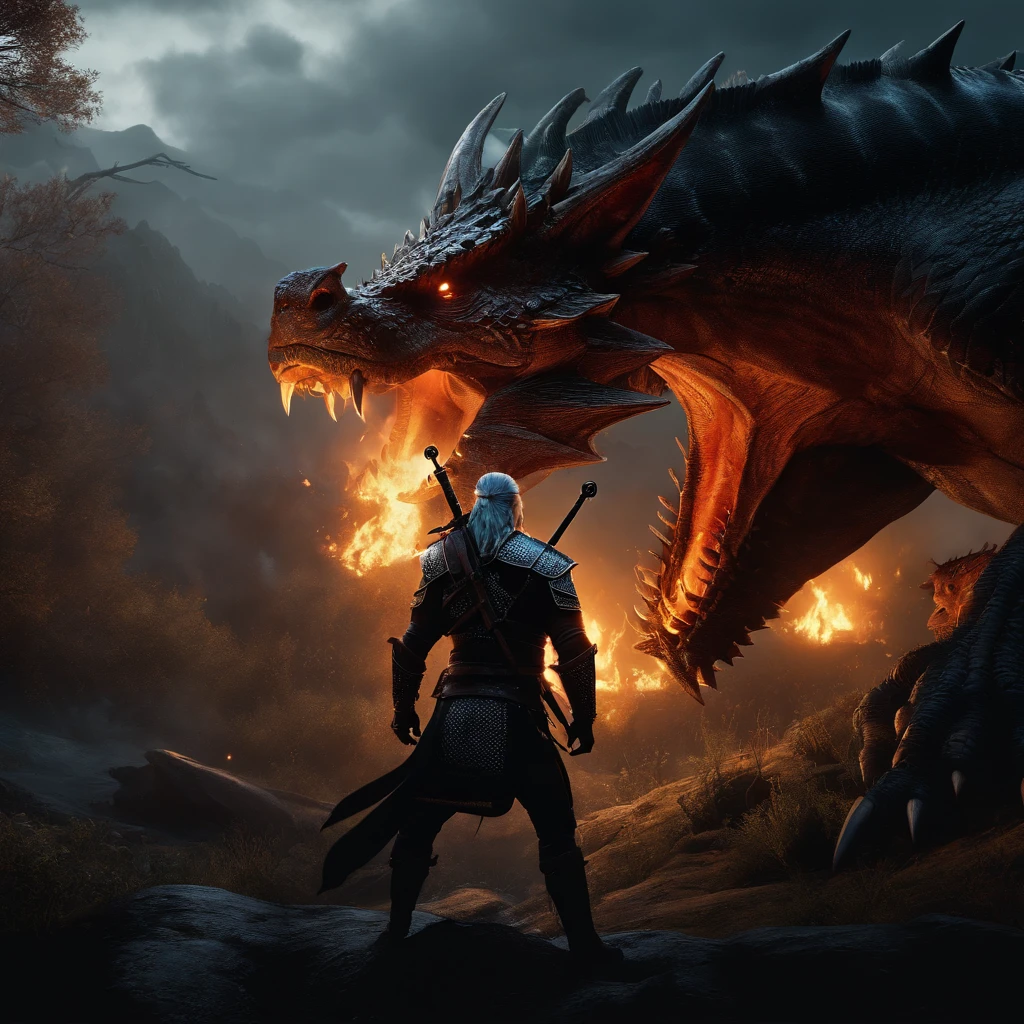 masterpiece, best quality, high quality, extremely detailed CG unity 8k wallpaper, Depth of Field, HDR, Photorealistic, extremely detailed, Intricate, High Detail, silhouettes of the Witcher fighting a dragon.