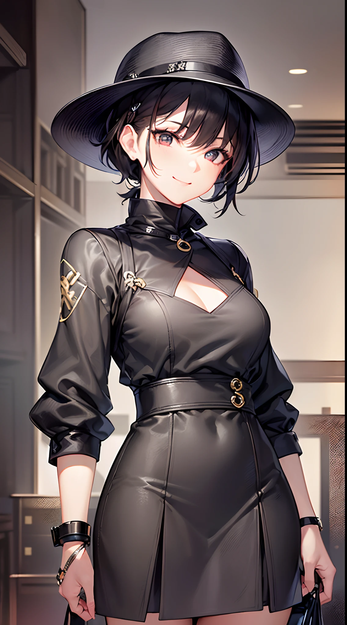 ((Finest quality)),(超A high resolution),(ultra-detailliert),(Meticulous portrayal),((Best CG)),(Finest works of art),Ultra-Precision Art,The art of astounding depiction, (1 Female Fashion Model:1.5),short black hair with luster:1.5,a smile,Rough Casual Fashion,Hats, Dog walking