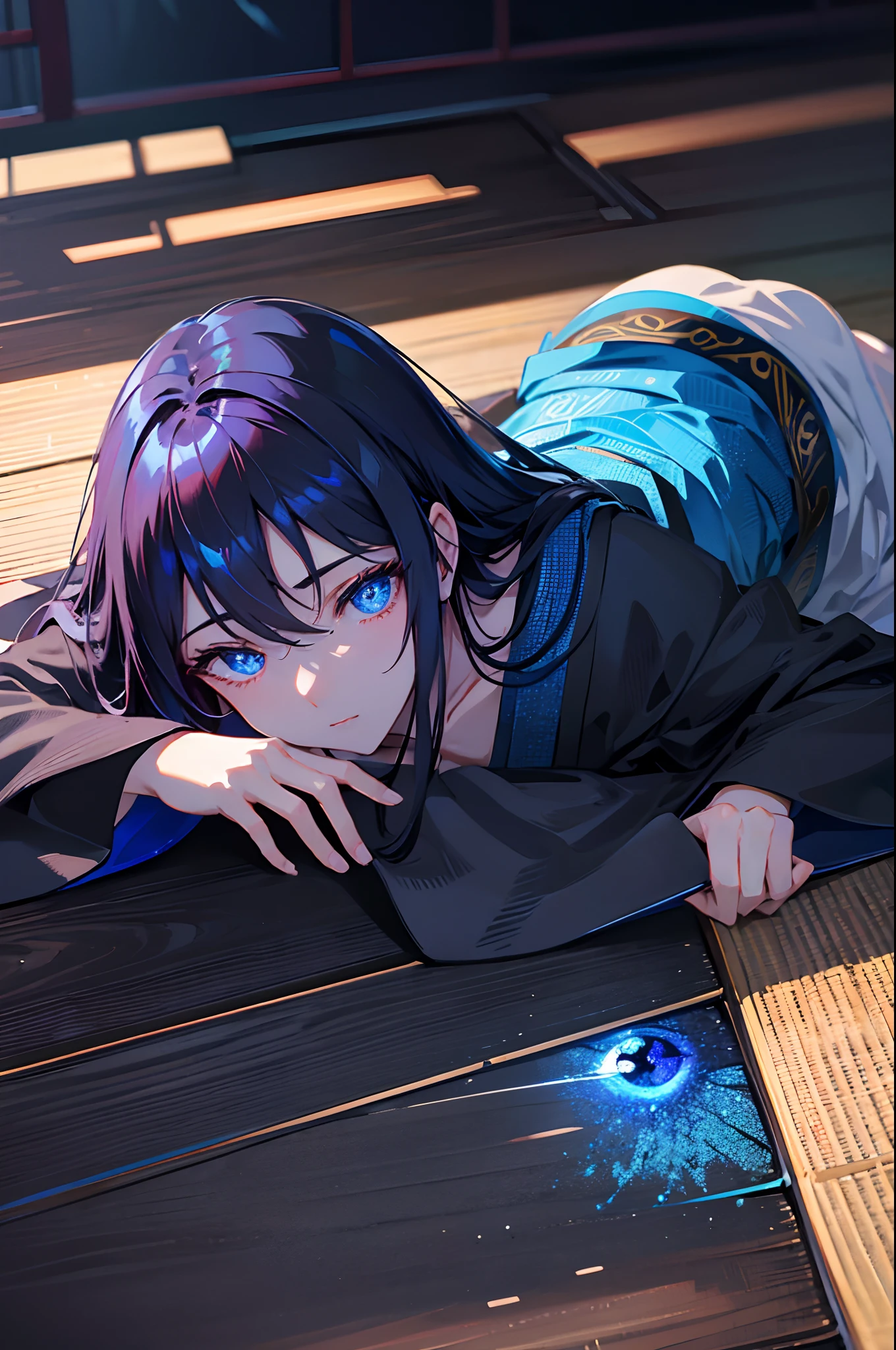 Dark hair　blue eyess　male people　ember　Lying on the floor　Japanese houses　​masterpiece　Top image quality　Clear　anime colours　cinematic shadow　Increased attractiveness of the eyes　Clear the shine of the eyes　Draw eyelashes neatly　Perfect Eye　A detailed eye　Sharpen image quality　Sharpen eye writing　Clear eye shape