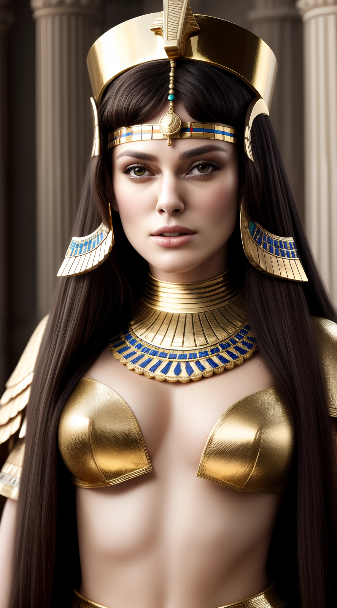 Cinematic portrait, professional cinematography, a close up of a woman in a gold outfit with an egyptian mask, beautiful cleopatra, egyptian princess, cinematic goddess close shot, cleopatra, cinematic goddess body shot, cleopatra portrait, goddess. extremely high detail, egyptian, cleopatra in her palace, cinematic goddess shot, egyptian style, extremely detailed goddess shot, beautiful goddess, Keira Knightley as egyptian, Keira Knightley gorgeous and beautiful pharaoh, portrait of cleopatra, uhd, 8k, 32k, sharp, highly detailed, detailed Beauty,hdr, cinematic vision,
