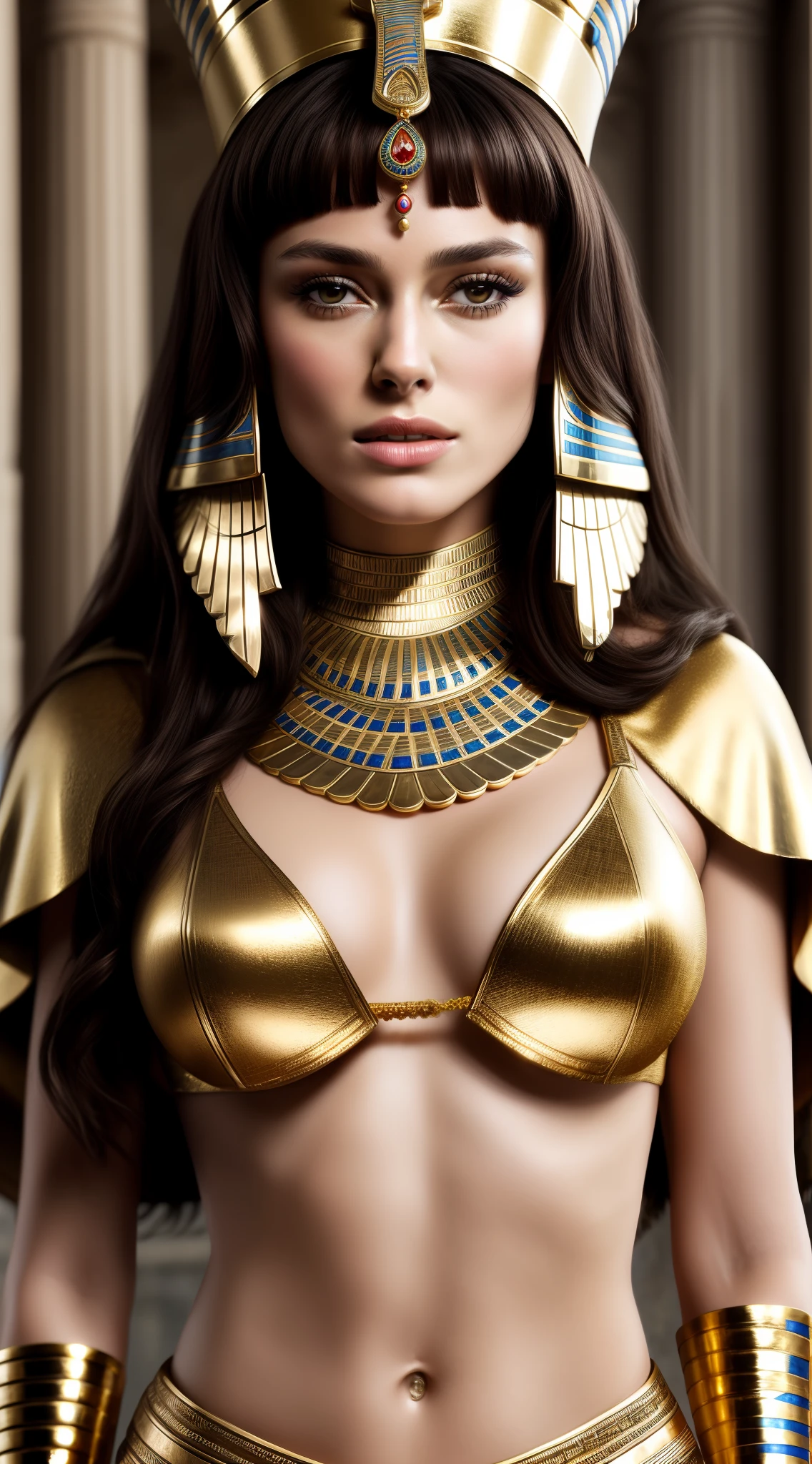 Cinematic portrait, professional cinematography, a close up of a woman in a gold outfit with an egyptian mask, beautiful cleopatra, egyptian princess, cinematic goddess close shot, cleopatra, cinematic goddess body shot, cleopatra portrait, goddess. extremely high detail, egyptian, cleopatra in her palace, cinematic goddess shot, egyptian style, extremely detailed goddess shot, beautiful goddess, Keira Knightley as egyptian, Keira Knightley gorgeous and beautiful pharaoh, portrait of cleopatra, uhd, 8k, 32k, sharp, highly detailed, detailed Beauty,hdr, cinematic vision,