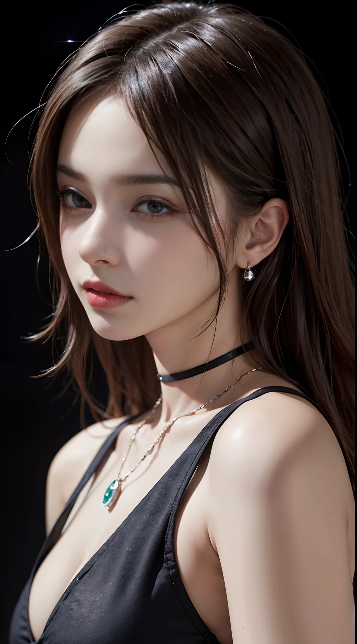 ((masterpiece:1.4)、(top-quality:1.4)、(reallistic:1.7))、masuter piece:1.4、Kawaii Girl、Portrait photos、Close-up photos、Upper body photography、beautiful countenance、defiance、dark backgrounds、Narrow waist、poneyTail、Raw photo、red-lips、a choker:1.4、a necklace:1.4、耳Nipple Ring:1.4、1 screen display、