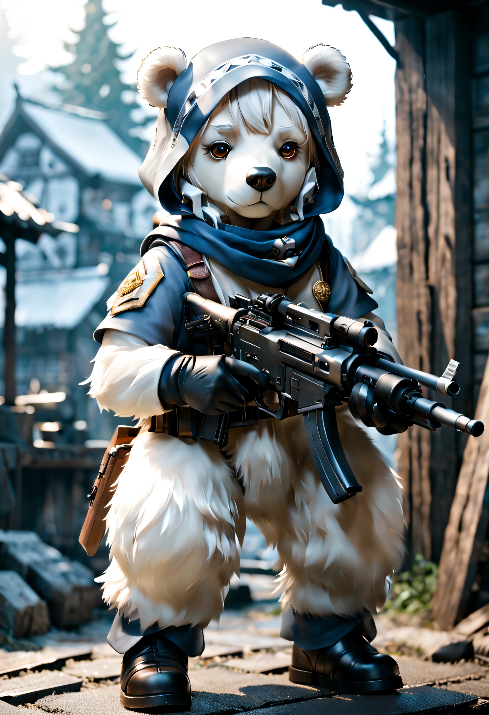 full body Esbian、Cool white bear、Pop White Bear、diorama、symple background、White background、bandana、Have a Gatling gun、​masterpiece, Best Quality, Capture super cute moments, depth of fields, ultra-detailliert, Ultra High Resolution, Octadale, 8K, 16 K