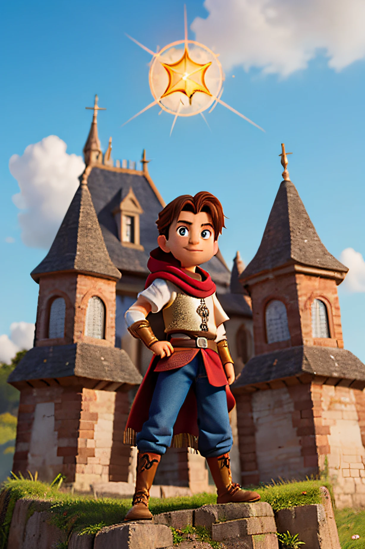 Create a poster for a Disney movie based on the story of 'Íñigo de Loyola'. Describe Íñigo as a fearless young knight, com olhos expressivos e brilhantes, cabelos castanhos ondulados, trajando uma armadura dourada ornamentada com detalhes delicados. Your posture should convey determination and courage, with a gentle smile on his lips. Ao seu redor, Add symbolic elements like a gleaming sword, um livro sagrado e um halo de luz divina, destacando sua jornada espiritual. The setting should be a quaint medieval village, com torres altas e colinas verdejantes, under a blue and sunny sky. Add an aura of mystery and magic, showing subtle signs of transformation and redemption. In the title of the film, utilize uma fonte majestosa e elegante, Com o nome 'Yep.': The Journey of Devotion'. Os tons predominantes devem ser cores quentes e radiantes, Transmitting hope and inspiration