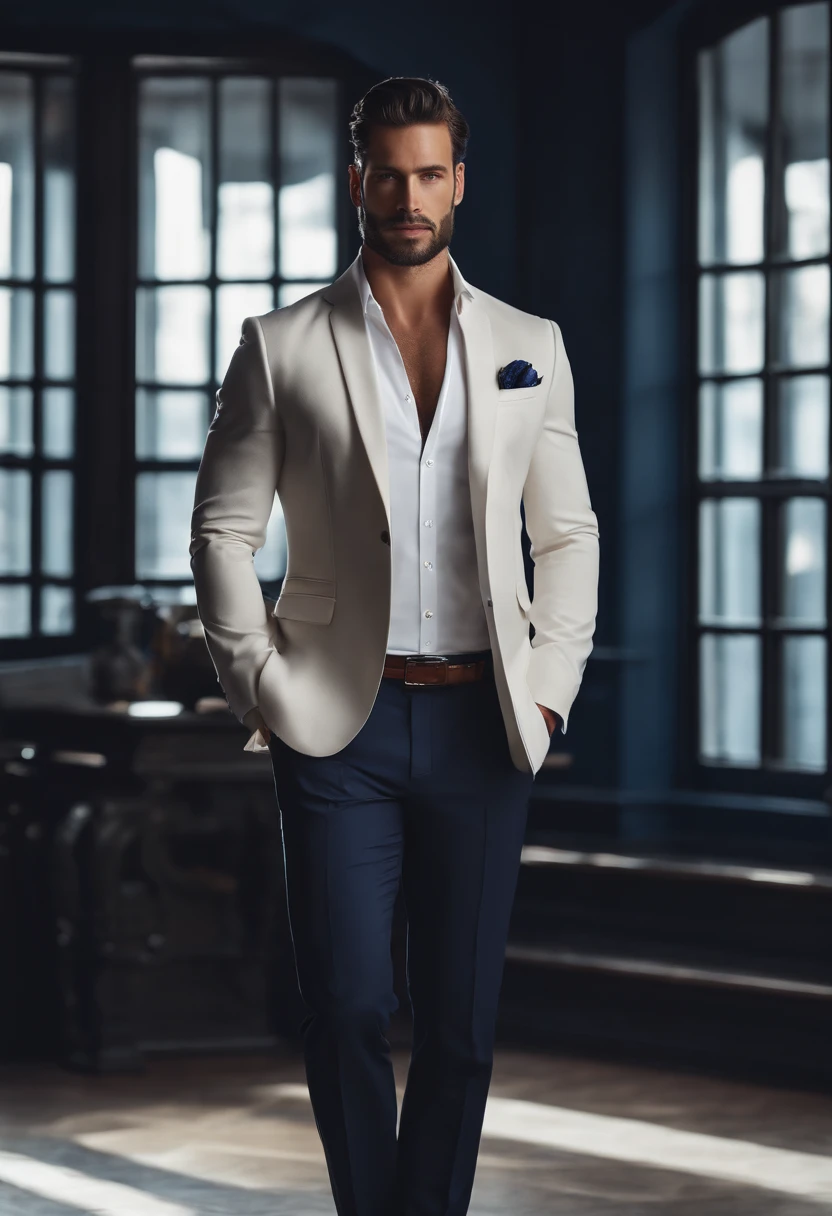 photorealistic movie star portrait in a modest setting. Male, short hair, unshaved, smart looking.