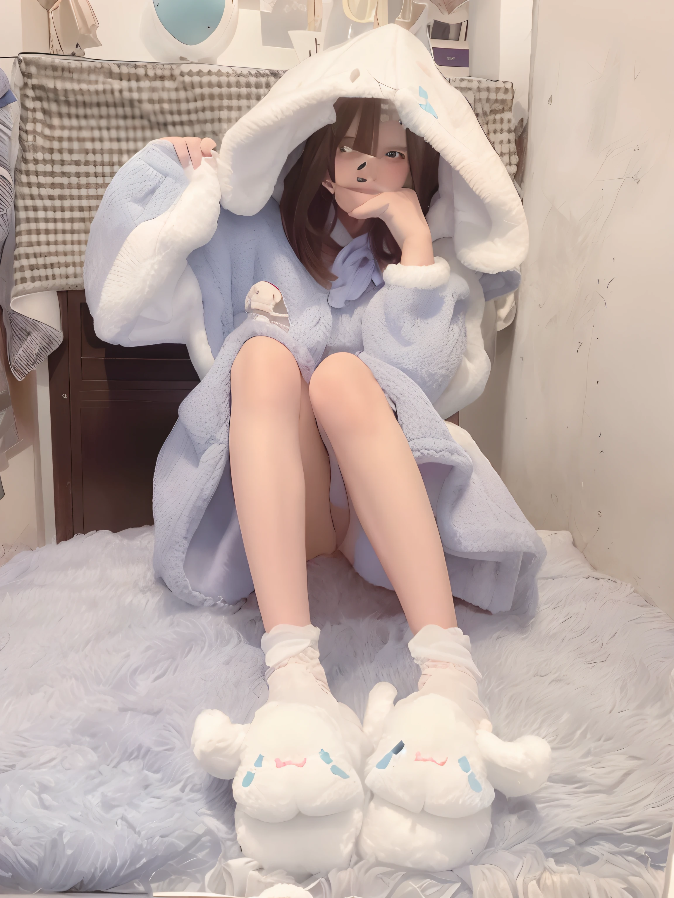 Alafi in a blue bunny costume sits on a fluffy carpet, sky-blue thick fur robes, cute fumo plush bunny girl, Extremely cute, Kawaii style, with long floppy rabbit ears, wearing a bunny suit, High quality material BSSRDF, cute cute, sky-blue thick fur coat, designed for cozy aesthetics!, soft cute colors