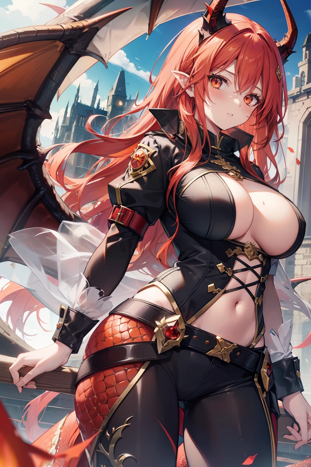 Young woman between 20 years old, long red hair orange eyes, simple clothing, dragon ear, dragon horn, big breast, dragon eyes, dragon skin